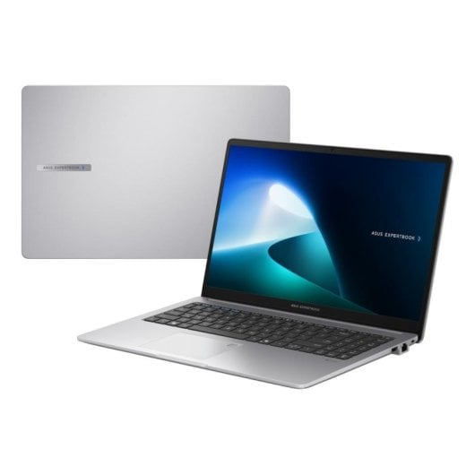 Un portátil Asus plateado, abierto, que muestra un gráfico abstracto azul y verde en la pantalla.