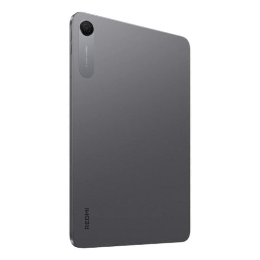 Vista trasera de una tableta gris con cámara y logo Redmi.