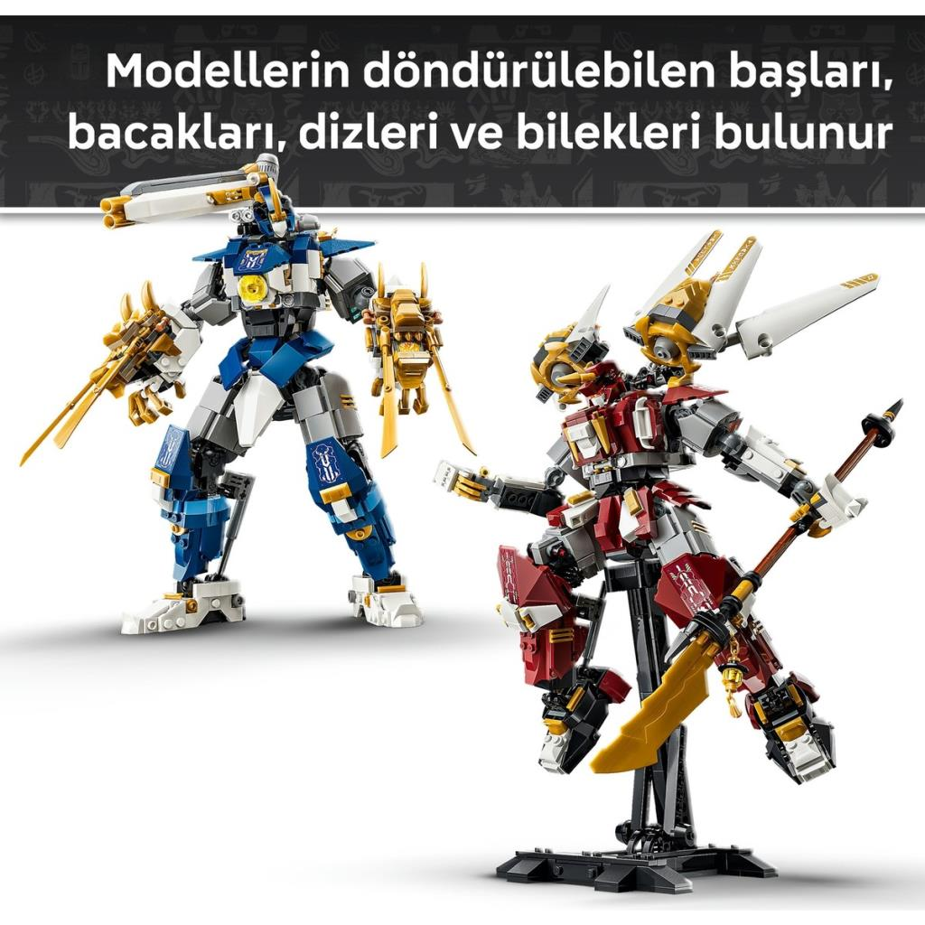 İki mecha figürü, biri mavi beyaz, diğeri kırmızı altın renginde.