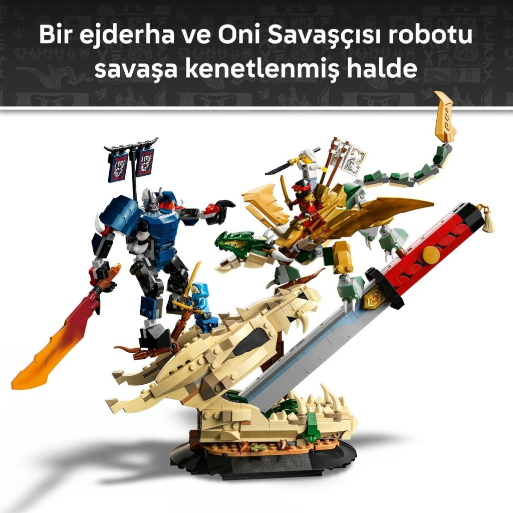 Mavi bir robot, altın bir ejderha ve Oni savaşçısıyla savaşıyor.