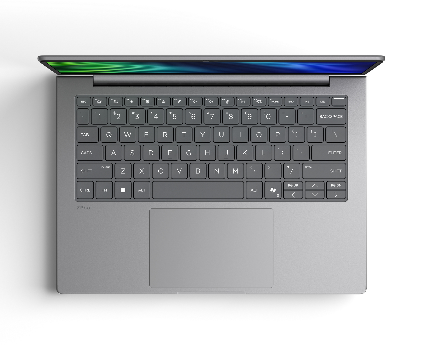 Vista dall'alto di un laptop HP ZBook argentato con tastiera grigio scuro e schermo blu-verde.