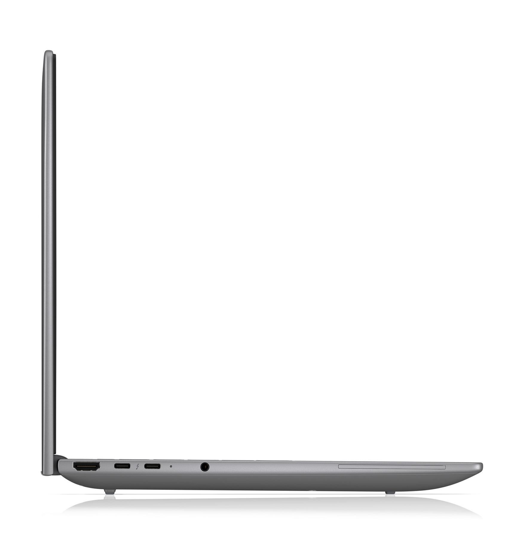 Vista laterale di un laptop argentato chiuso che mostra le porte. Minimalista.