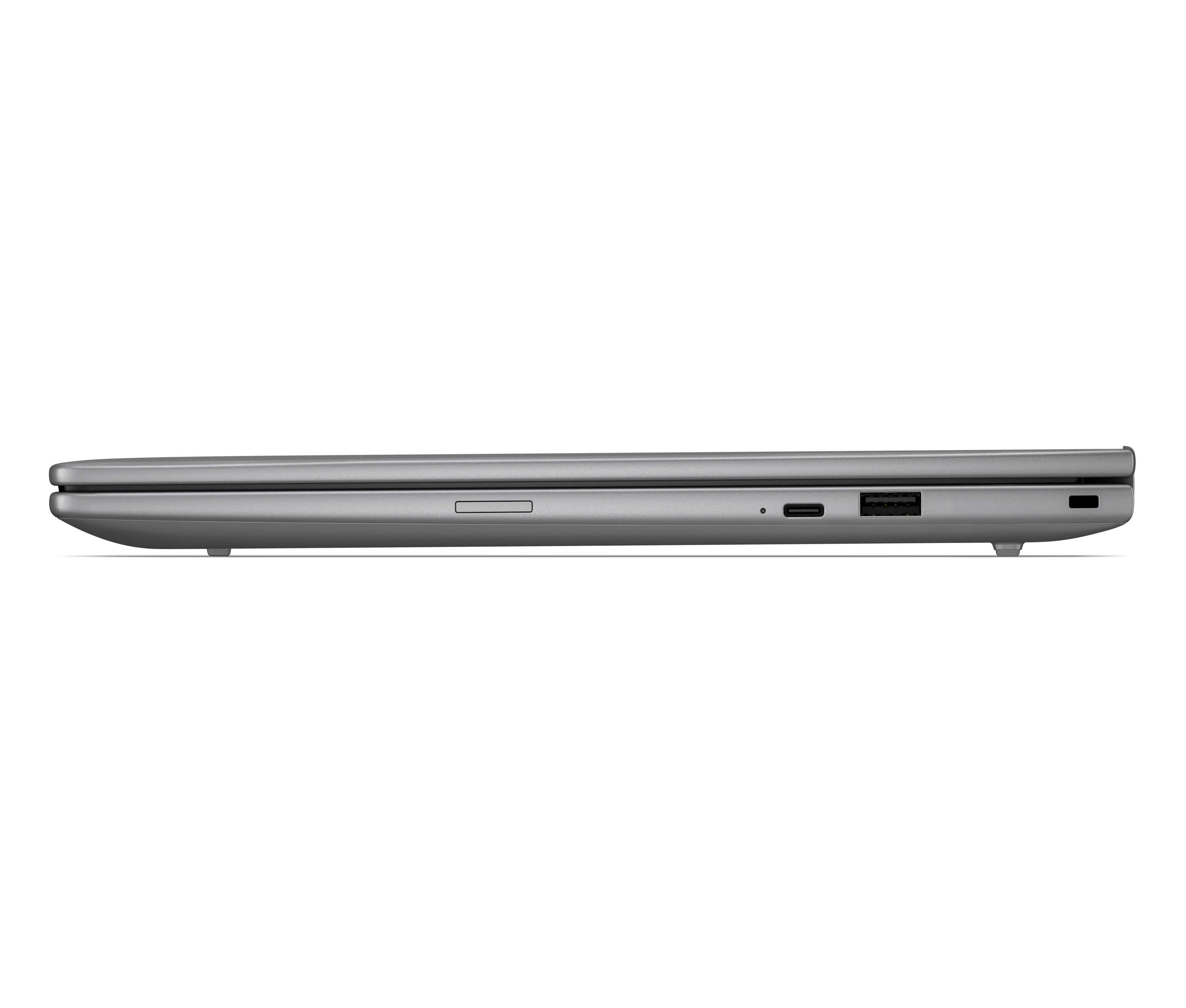 Laptop grigio, vista laterale con porte: USB-A, USB-C, lettore di schede SD.