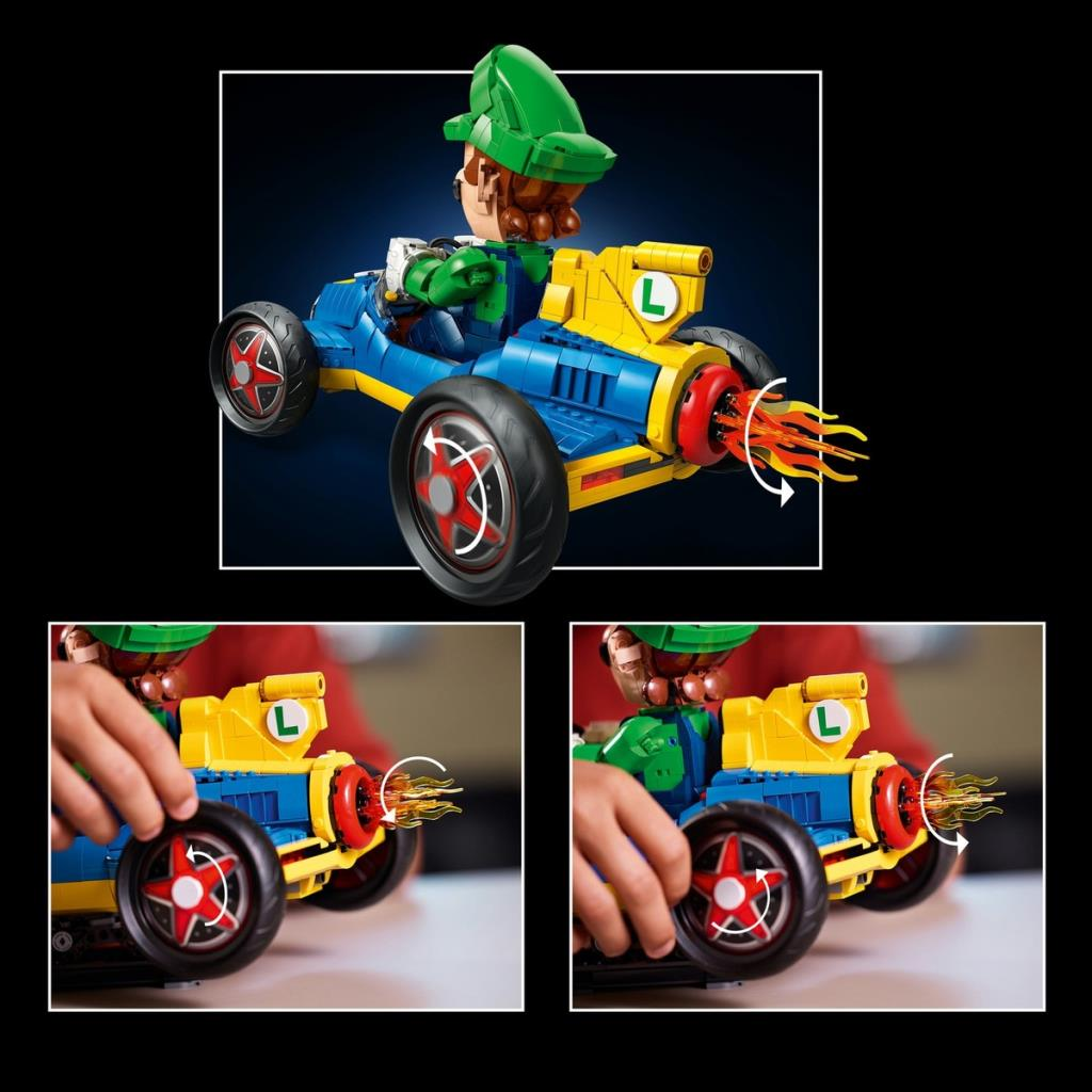 Luigi, alevli egzozlu mavi ve sarı go-karta biniyor, eller tekerlekleri çeviriyor.