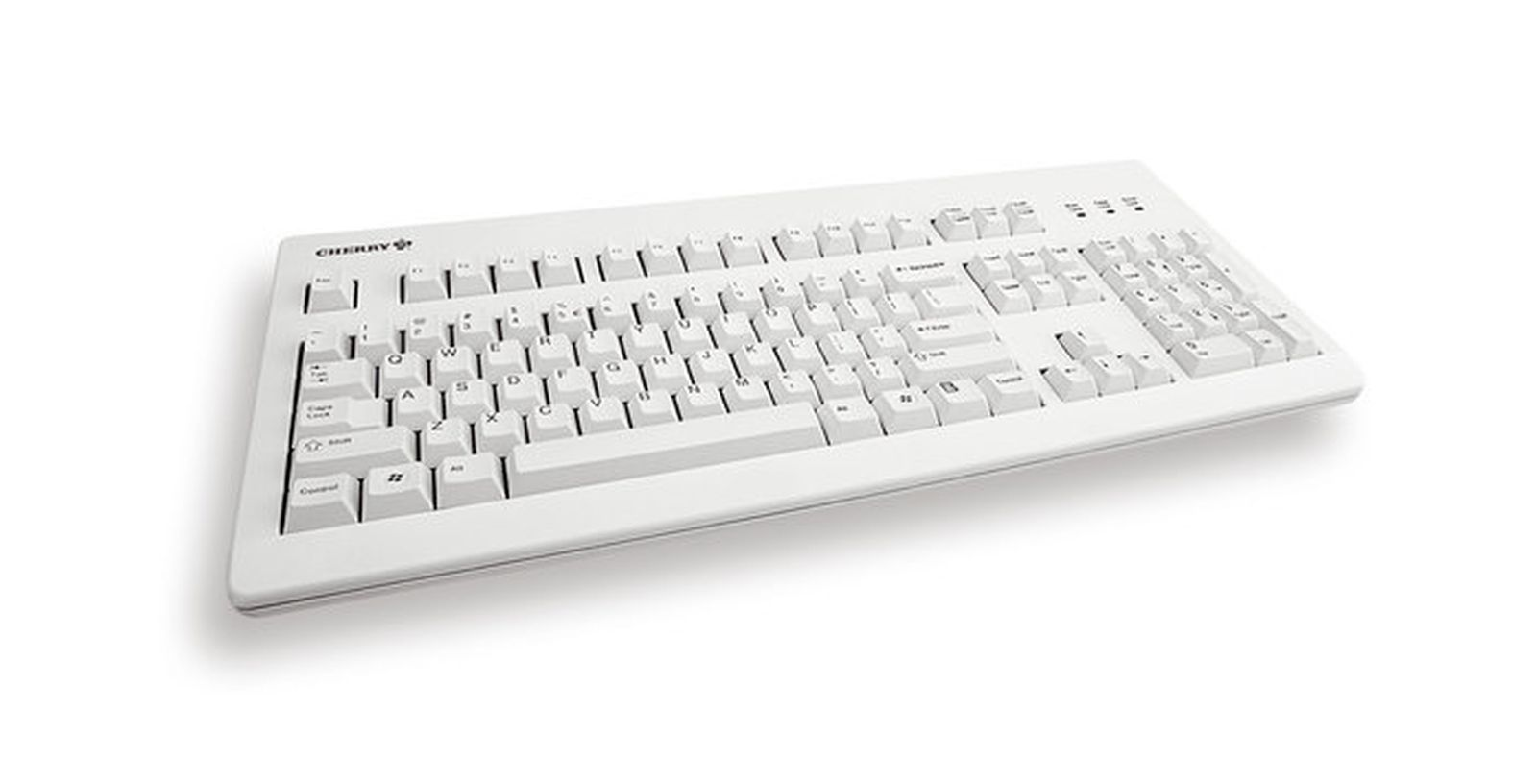 Una tastiera Cherry bianca con layout QWERTZ su sfondo bianco.