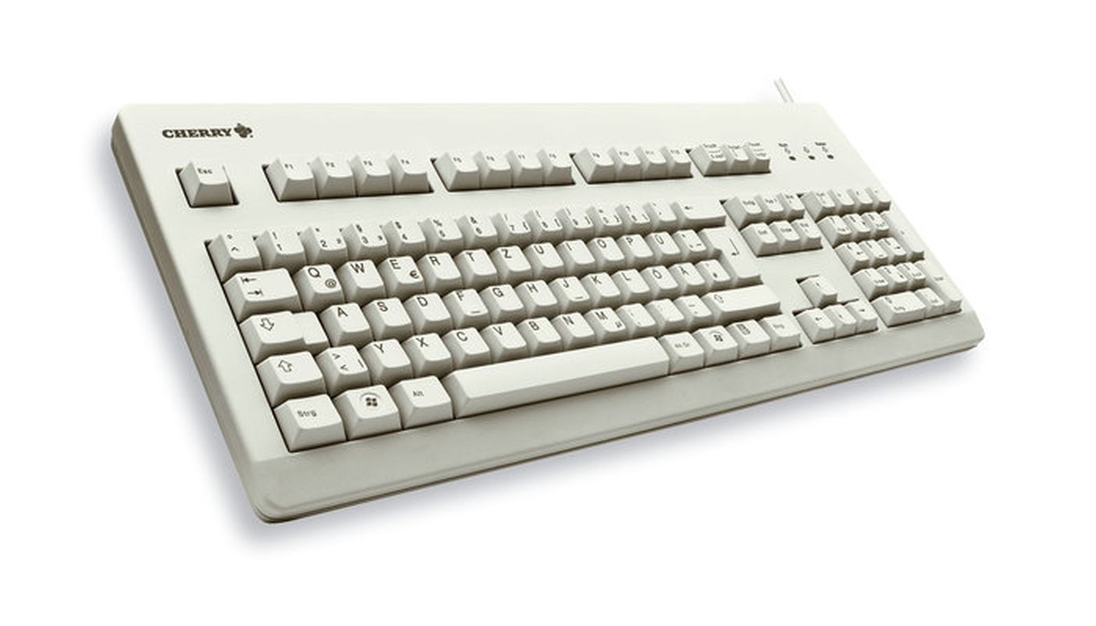 Una tastiera Cherry bianca con layout QWERTZ su sfondo bianco.