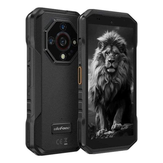 Wytrzymały smartfon z tapetą lwa i wieloma tylnymi kamerami.
