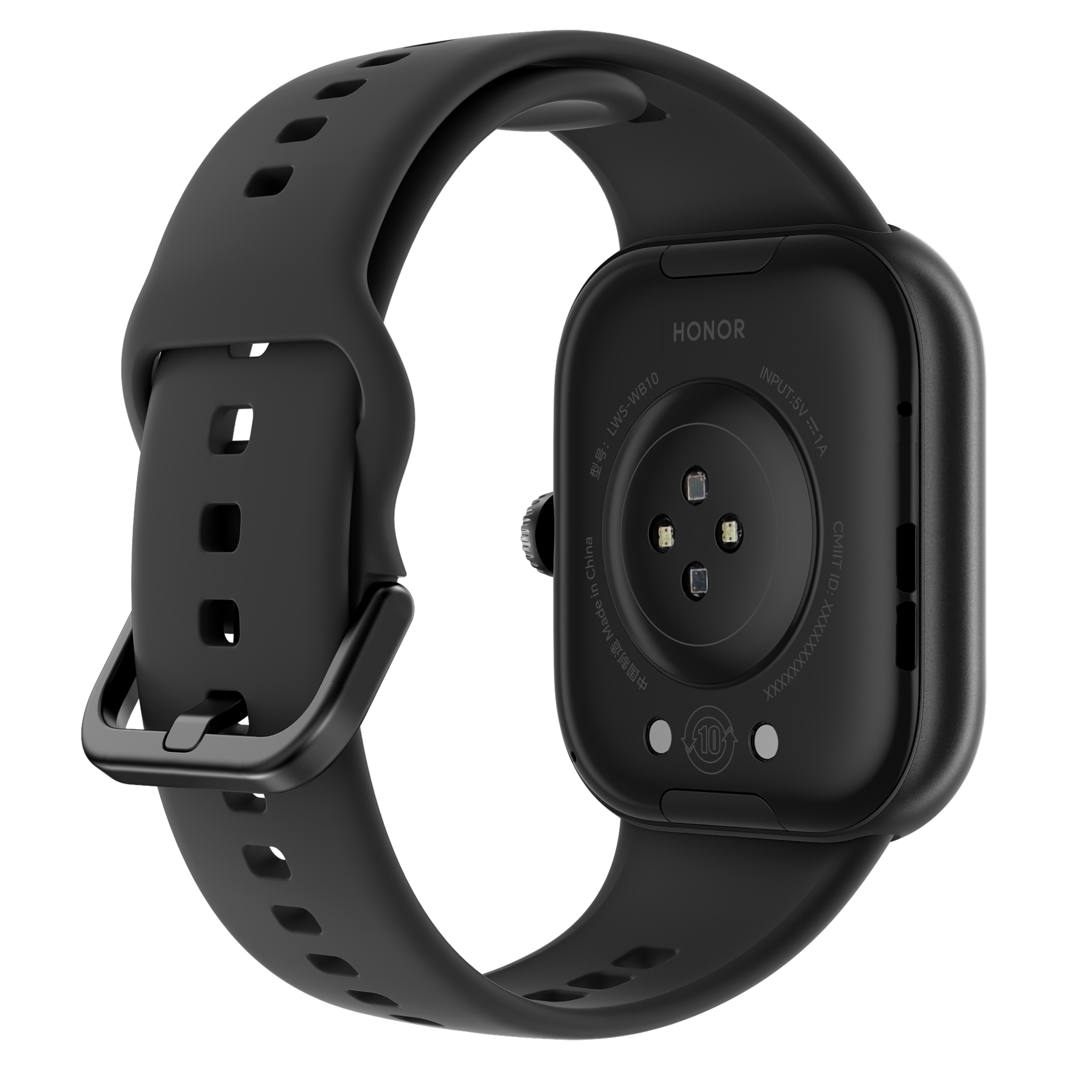 Reverso de un smartwatch negro con contactos de carga e inscripciones.