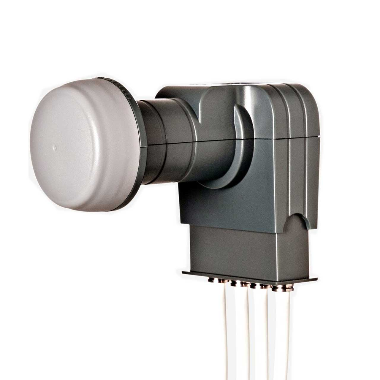 Ein grauer Satelliten-LNB mit einem weißen Schutz und vier Kabeln.