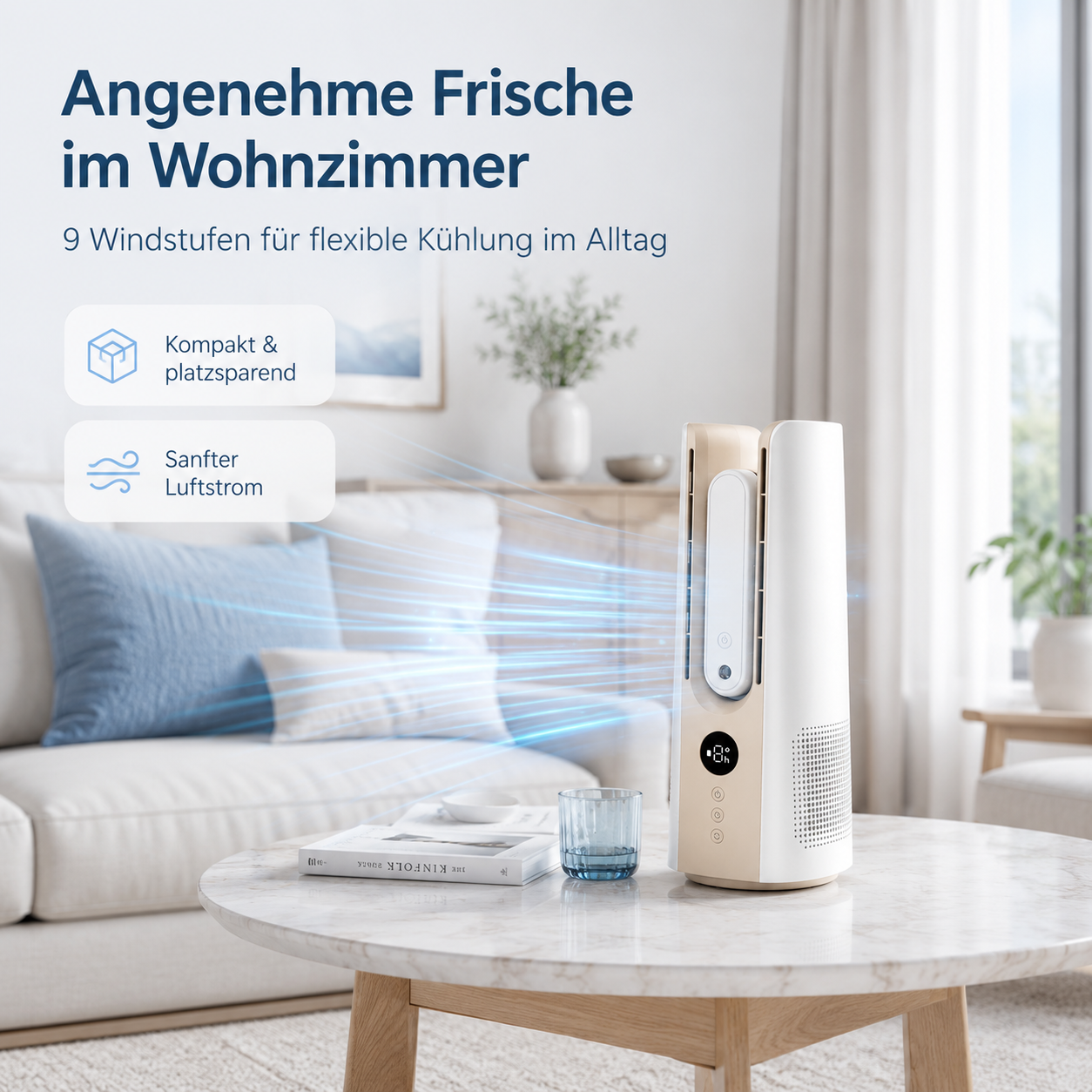 Ein schlanker Turmventilator kühlt ein Wohnzimmer, mit Text über 9 Stufen und Komfort.