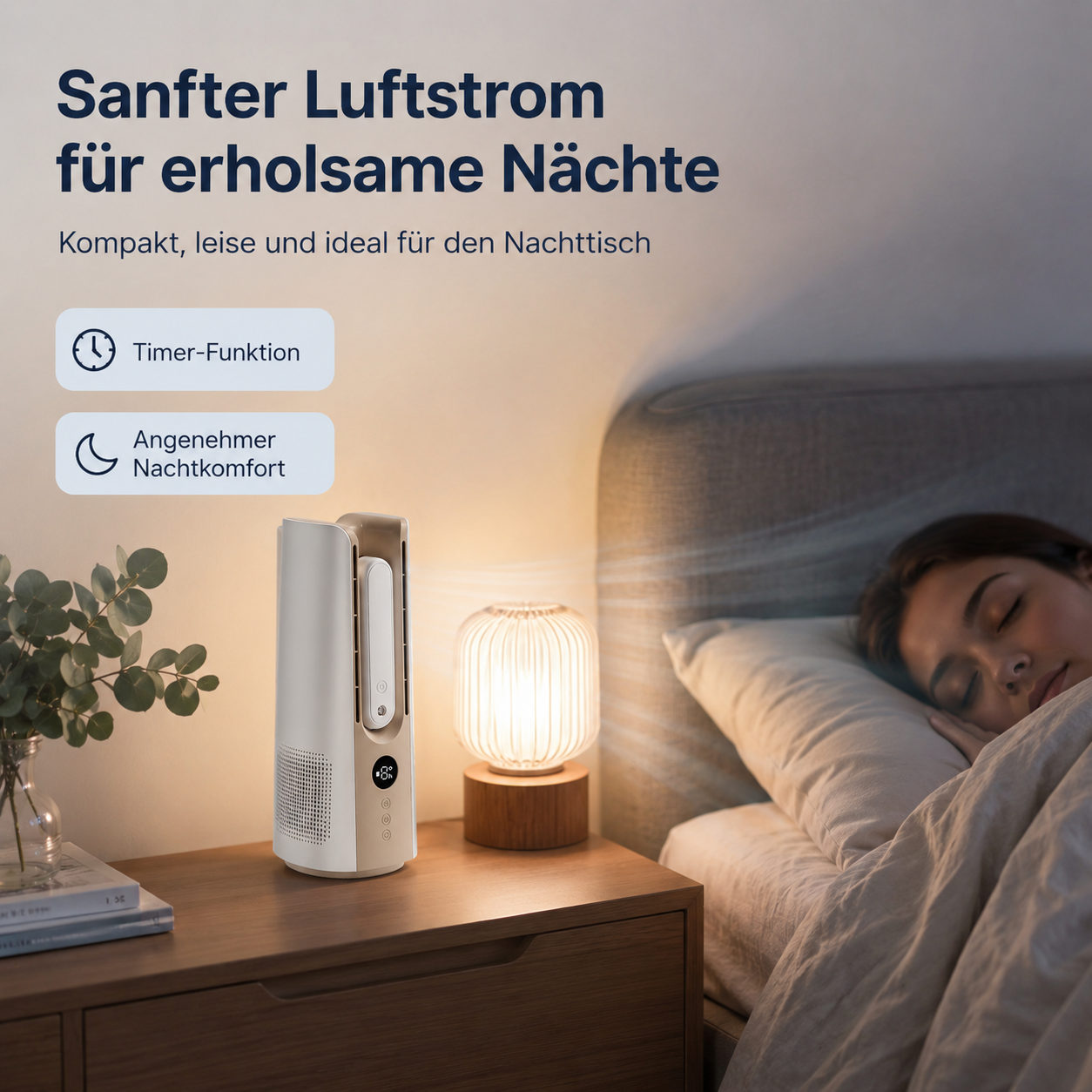 Ein weißer Turmventilator steht auf einem Nachttisch neben einer schlafenden Frau.