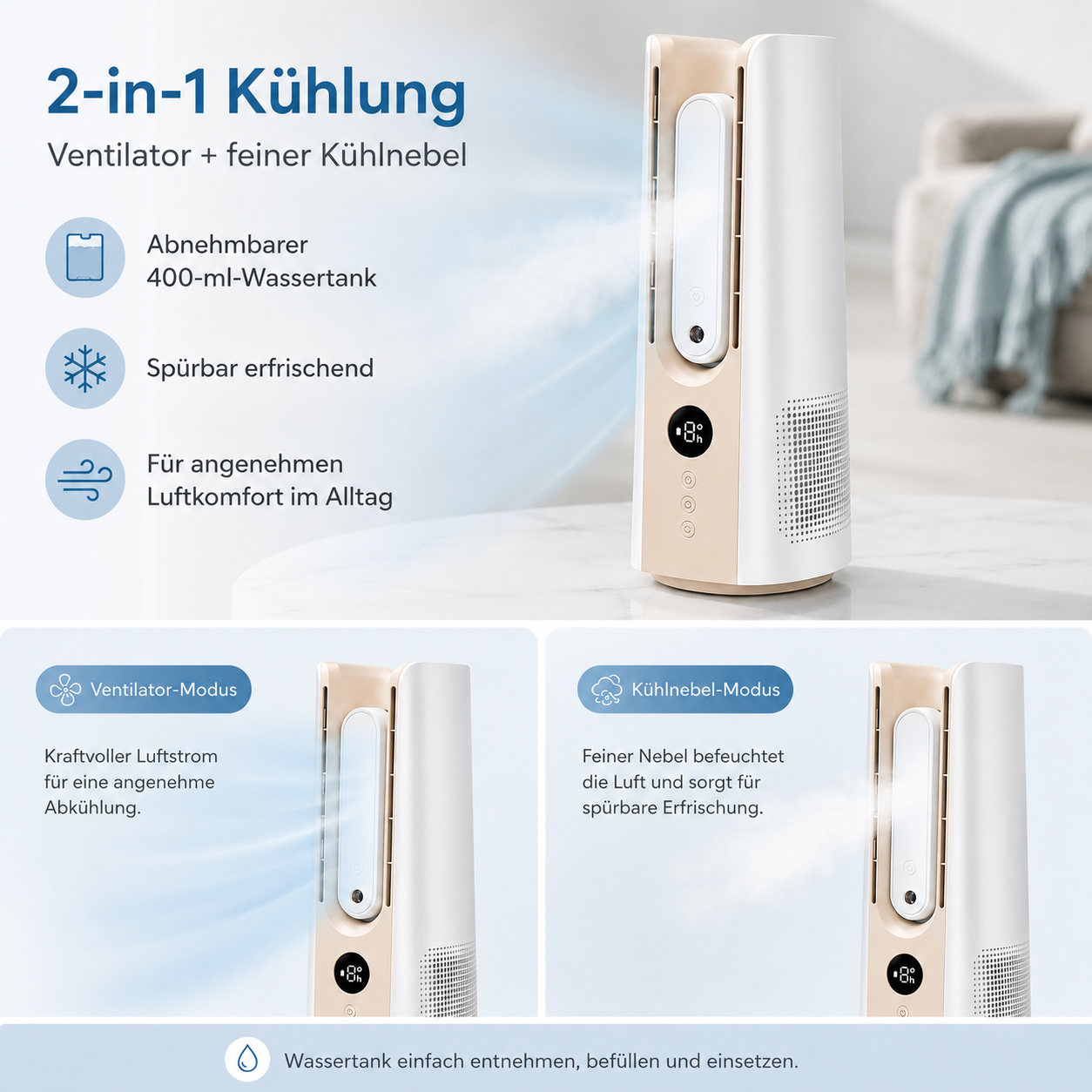 Ein weißer und goldener 2-in-1 Kühler mit zwei Modi: Ventilator und Kühlnebel.