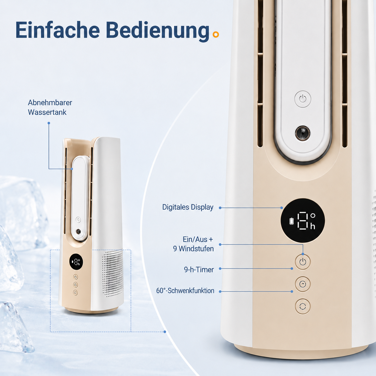 Ein beiger und weißer Turmventilator mit digitaler Anzeige und Bedienelementen.