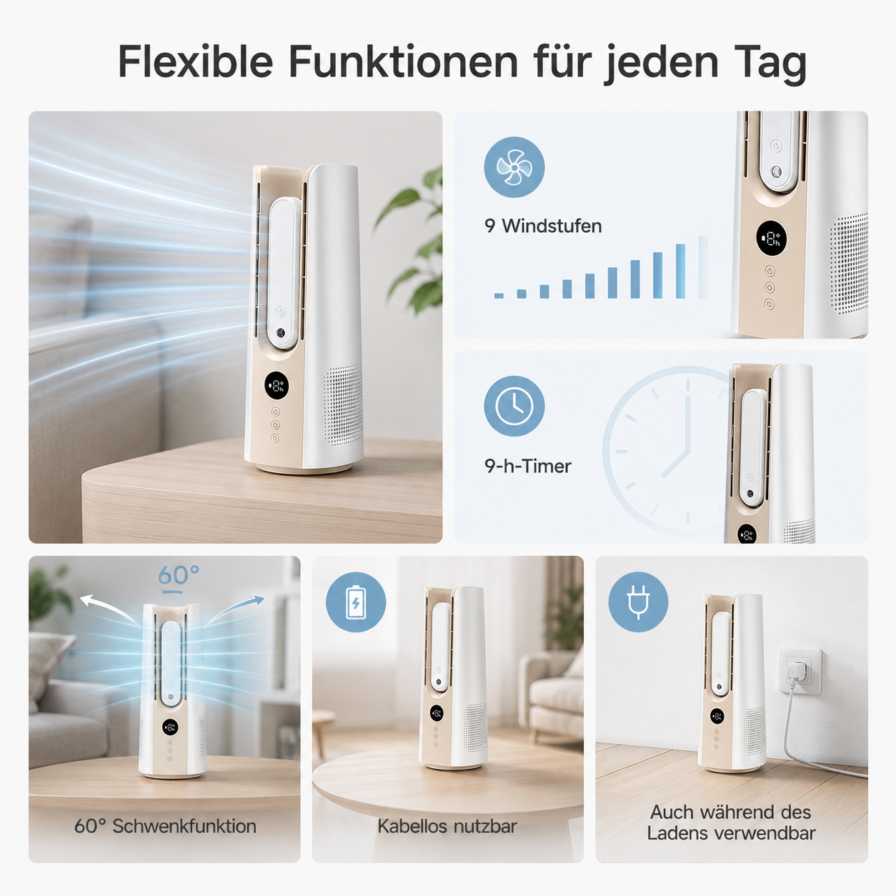 Turmventilator mit verschiedenen Einstellungen: 9 Stufen, 60° Oszillation, Timer, kabellos.