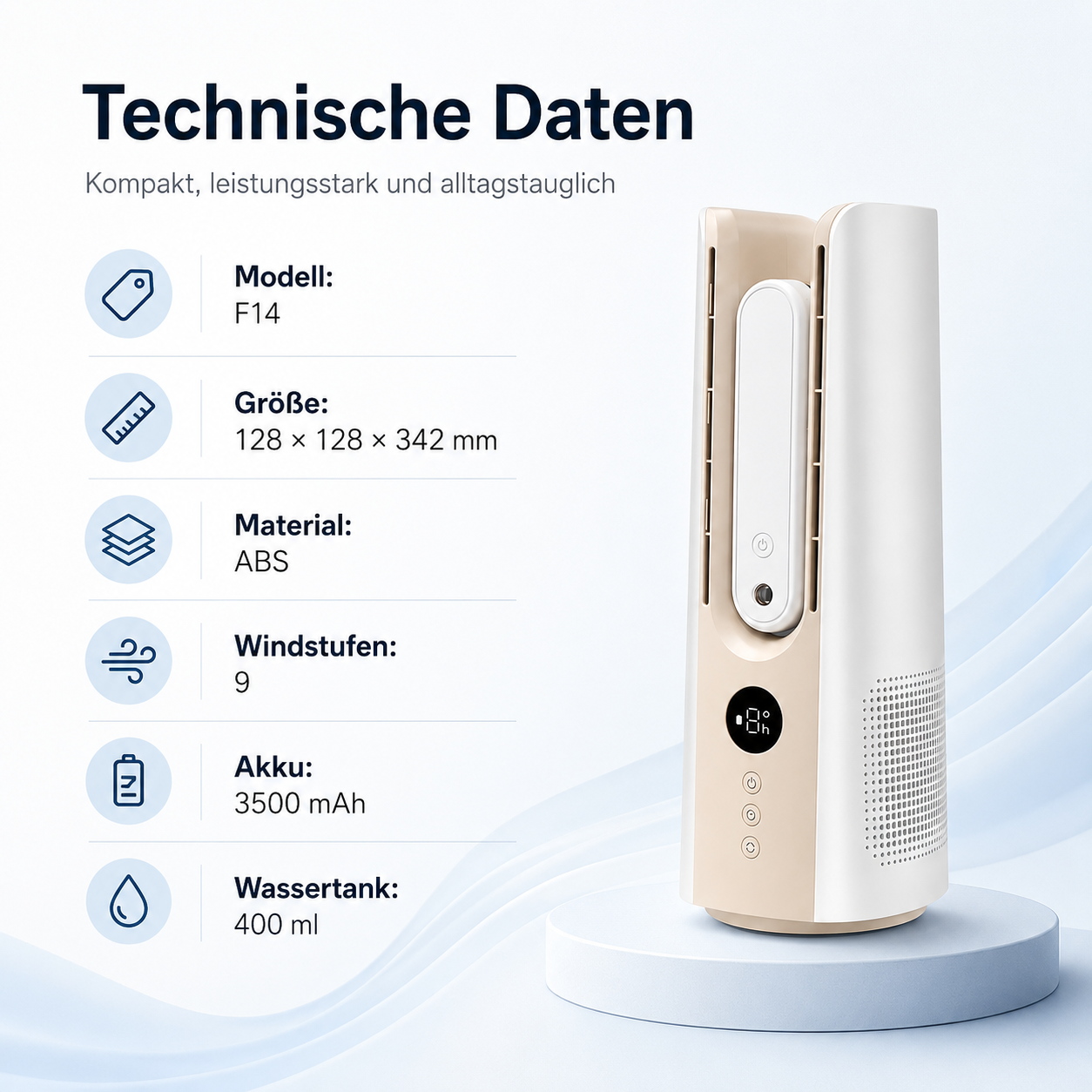 Technische Daten eines Lüfters: Modell F14, 128x128x342mm, ABS, 9 Stufen, 3500mAh Akku.