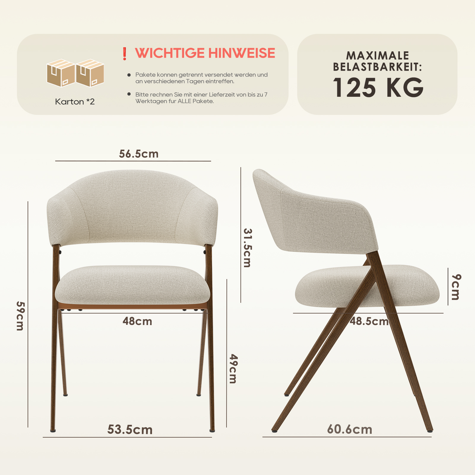 Una sedia color chiaro con gambe in legno e dimensioni. Note importanti su consegna e carico.