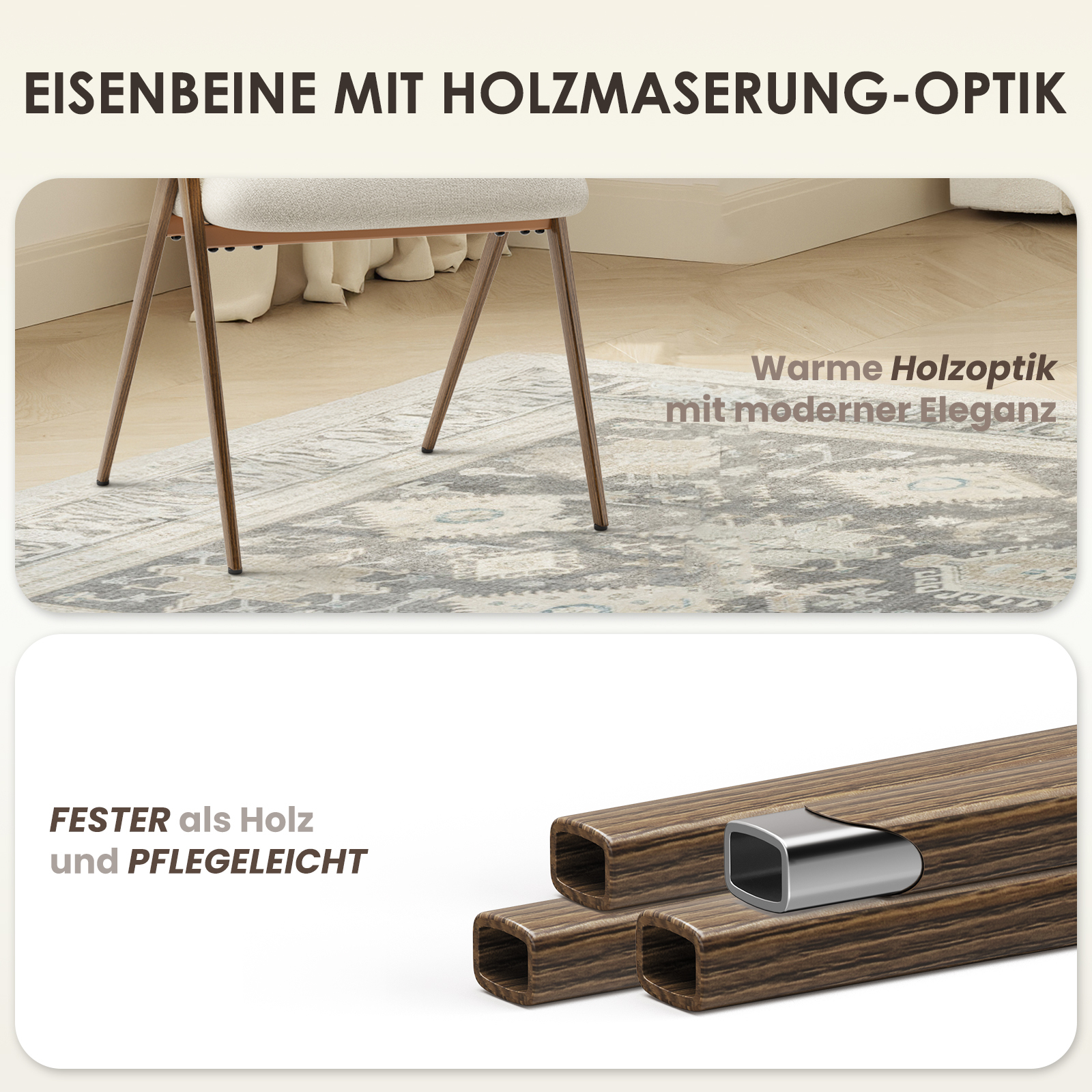 Sedia con gambe in ferro effetto legno su tappeto.