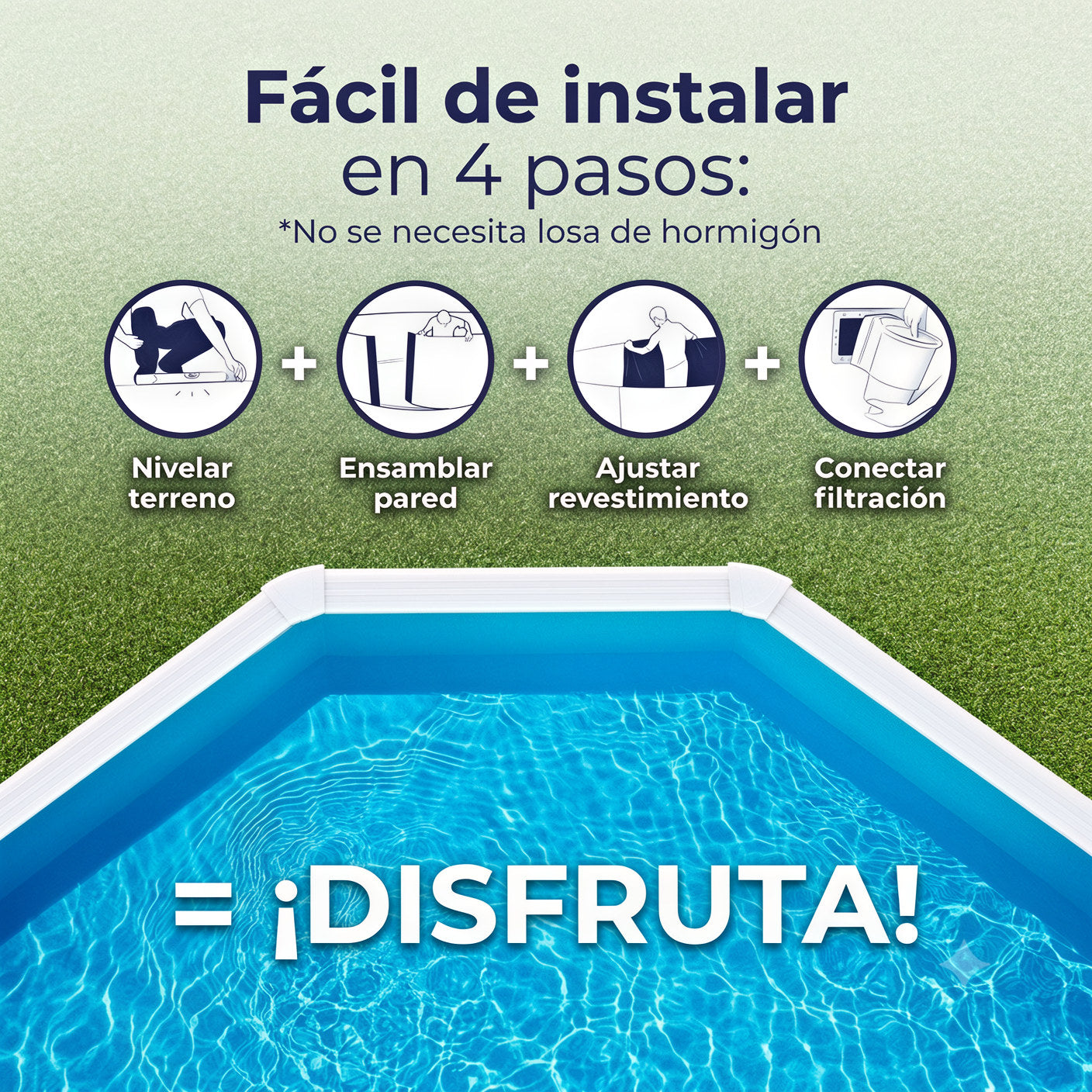 Ilustraciones muestran montaje de piscina: nivelar terreno, armar pared, ajustar revestimiento, conectar filtro.