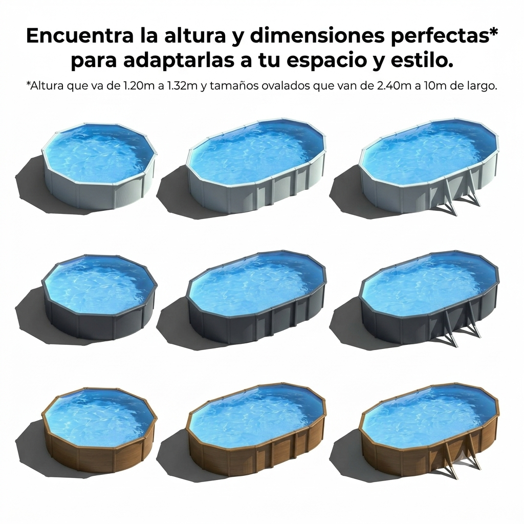 Nueve piscinas ovaladas en varios tamaños y acabados