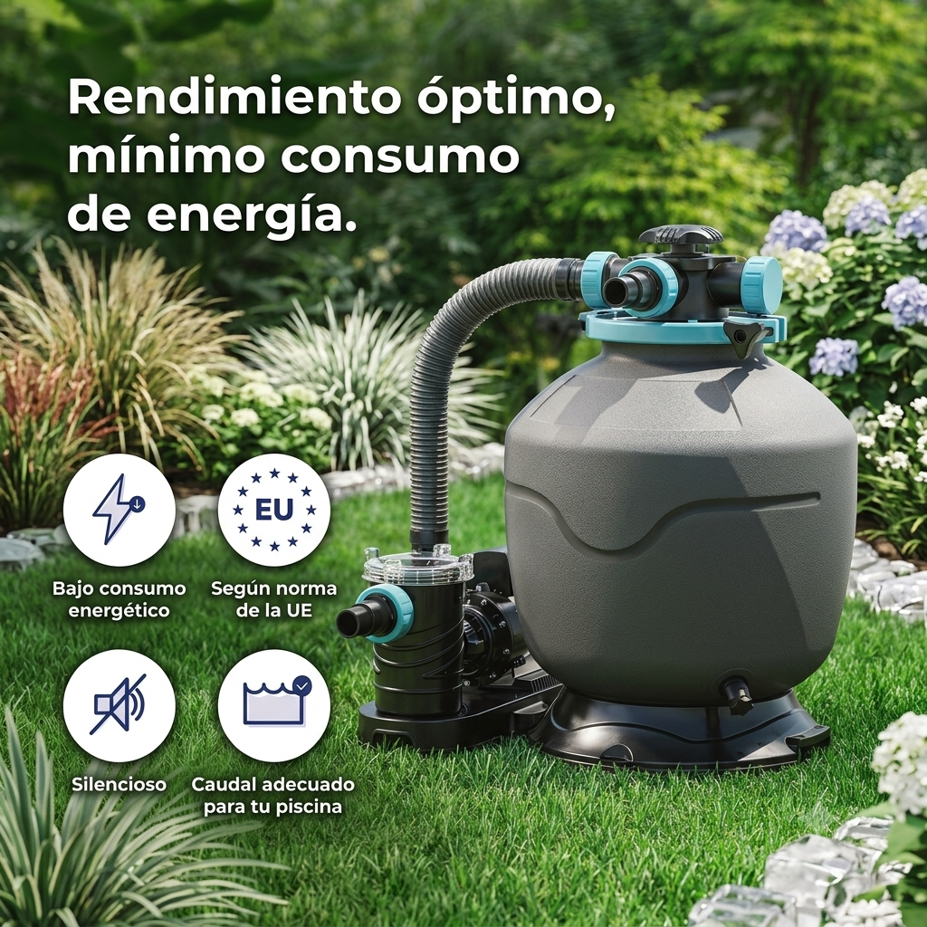 Un filtro de piscina gris con detalles turquesa sobre césped verde. Texto sobre rendimiento.