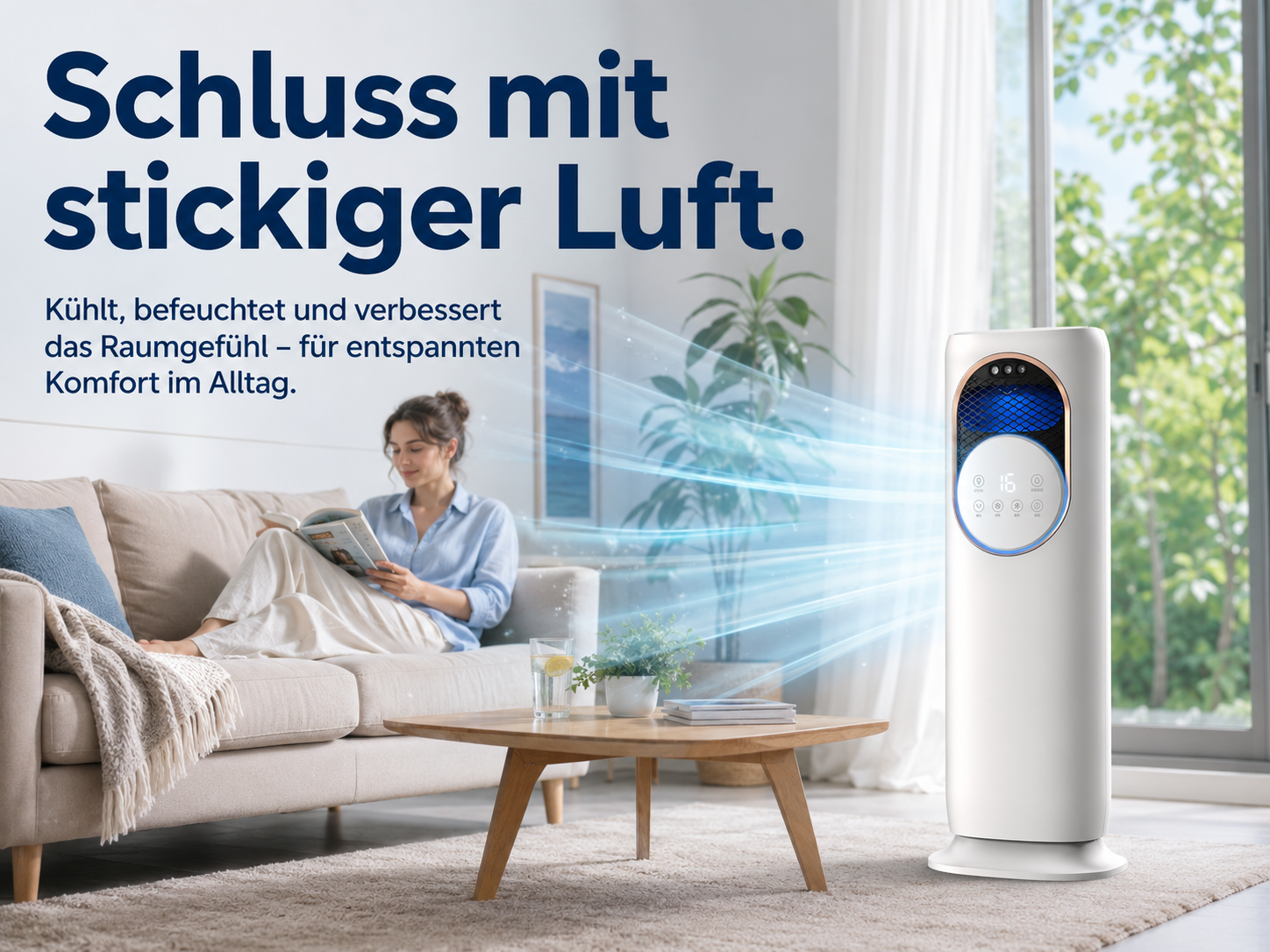 Ein weißer Luftreiniger mit blauen Luftströmen steht neben einem Sofa, auf dem eine Frau liest.