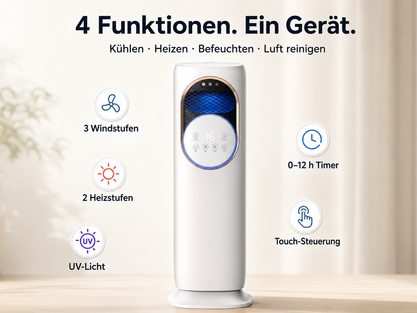 Ein weißer Turmventilator mit 4 Funktionen: Kühlen, Heizen, Befeuchten, Luftreinigen.