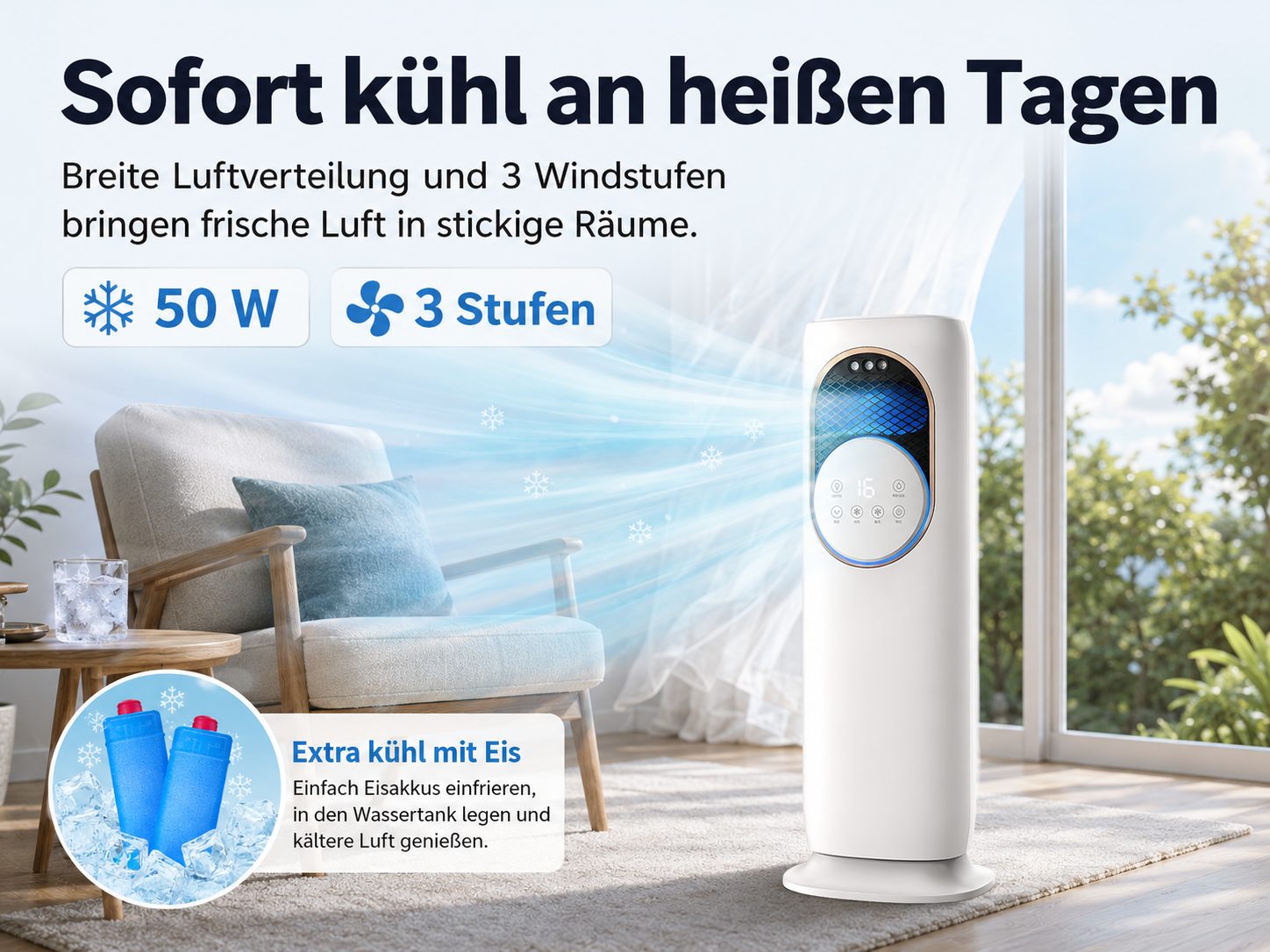 Ein weißer Turmventilator mit Eisakkus kühlt einen Raum, mit Text über 50W & 3 Stufen.