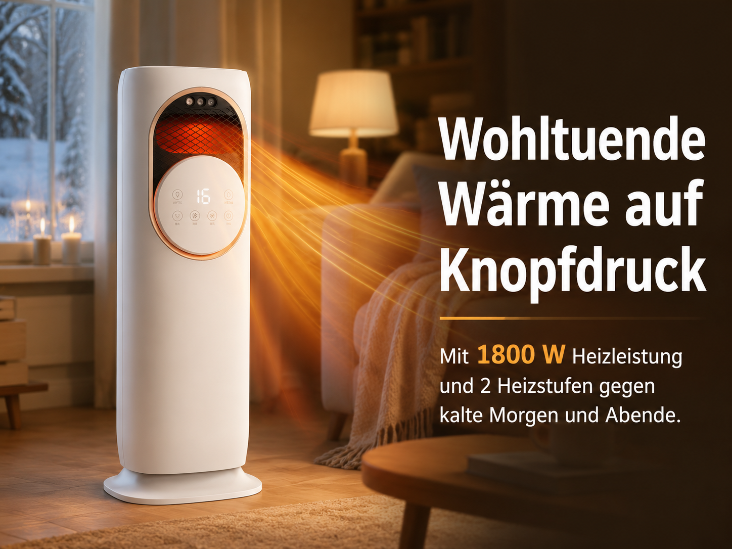 Ein weißer Heizlüfter mit orangenem Licht und Wärme, der im Wohnzimmer steht.