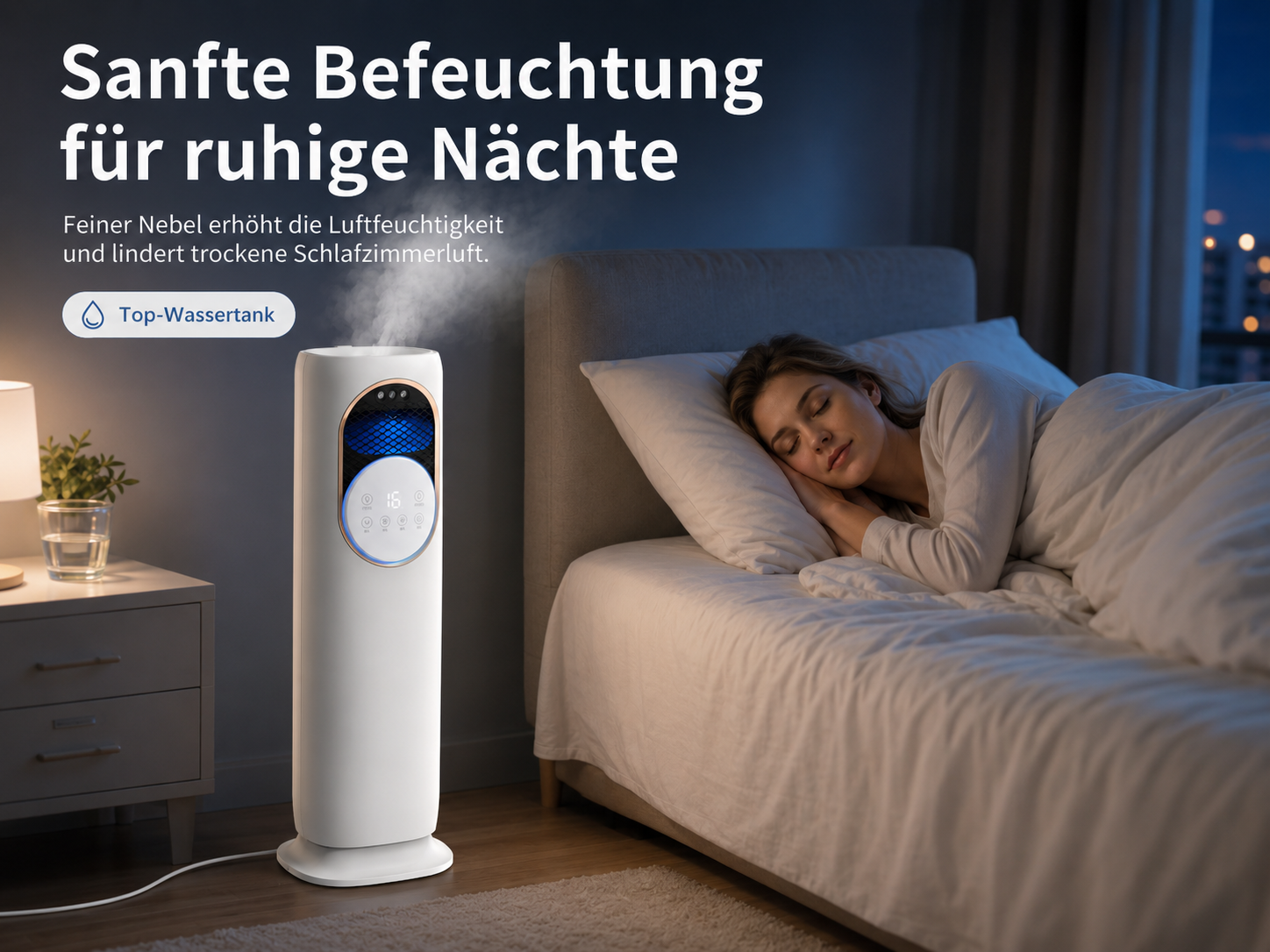 Ein weißer Luftbefeuchter mit Nebel steht neben einem Bett, auf dem eine Frau schläft.
