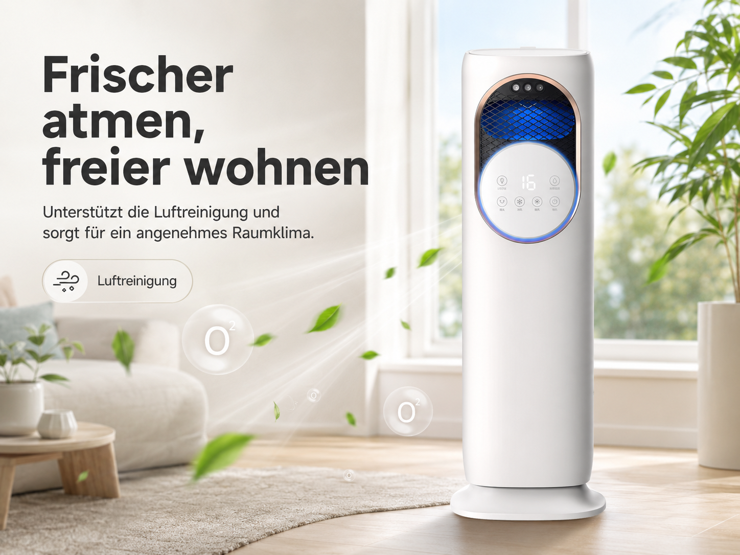 Ein weißer Luftreiniger steht in einem hellen Wohnzimmer mit Pflanzen.