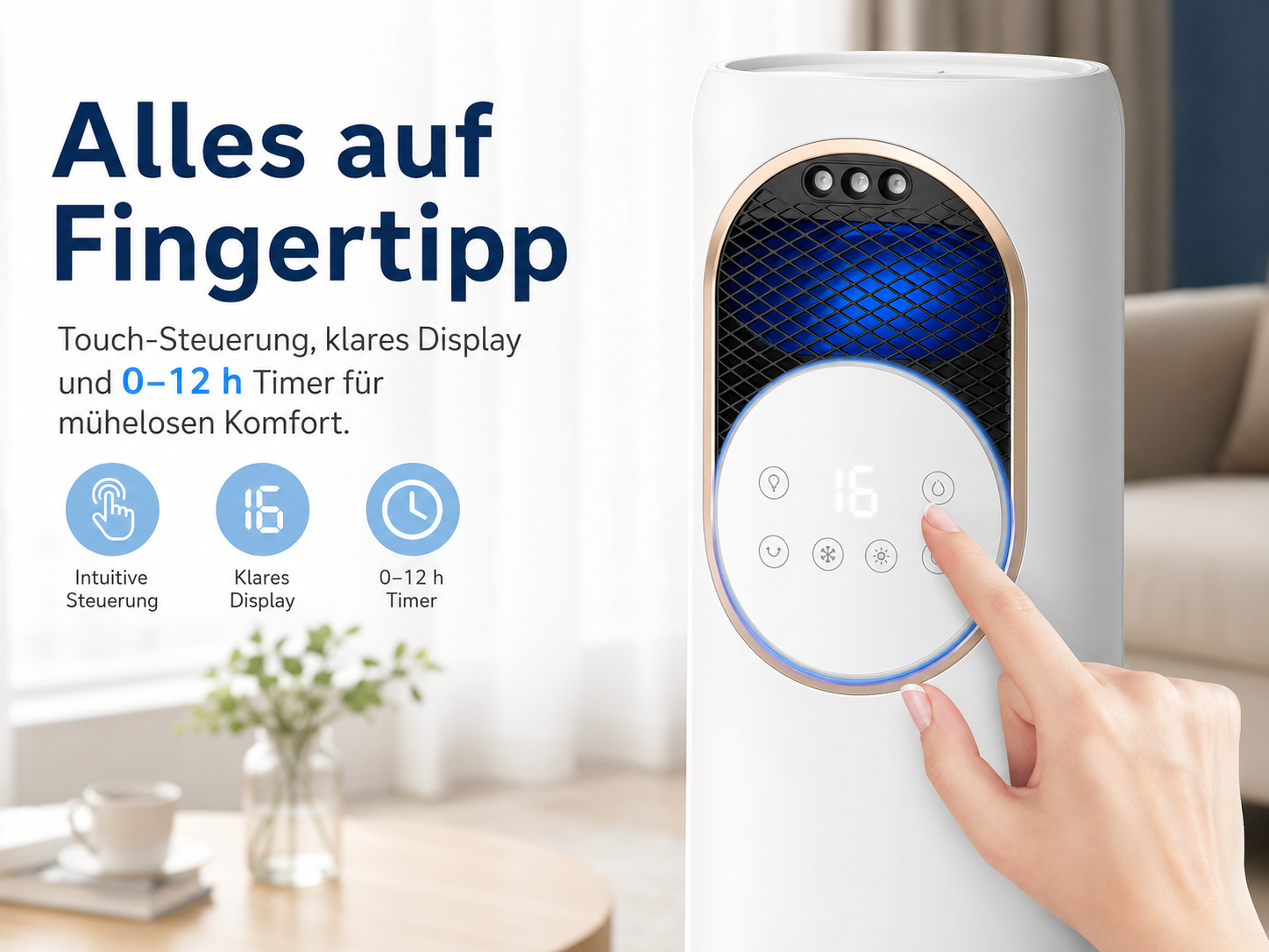 Eine Hand drückt auf die Steuerung eines weißen Turmventilators mit blauem Lüfter.