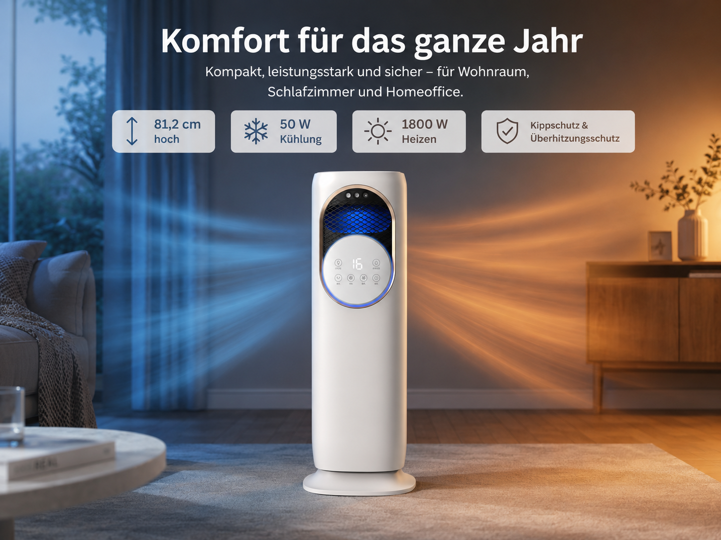 Ein weißer Turmlüfter mit blauen und orangen Luftstrom-Effekten in einem Wohnzimmer.