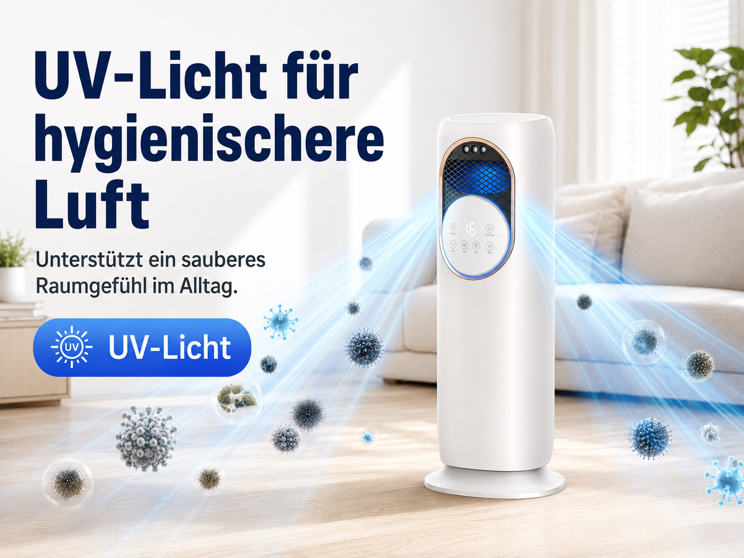 Ein weißer Luftreiniger mit UV-Licht, der Viren in einem Wohnraum abwehrt.