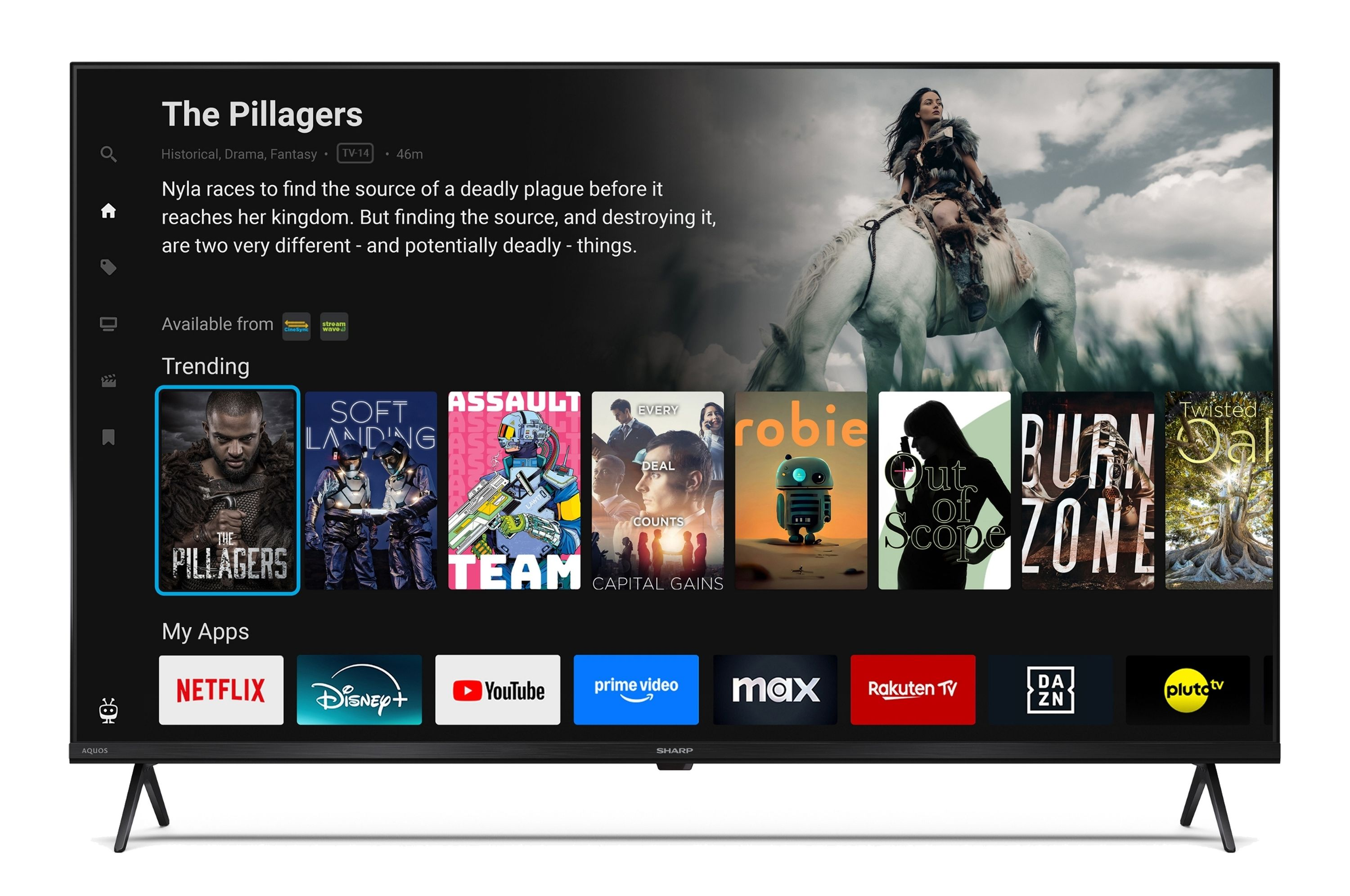 Ein Fernsehbildschirm zeigt die Benutzeroberfläche einer Streaming-App mit Filmtrailern.