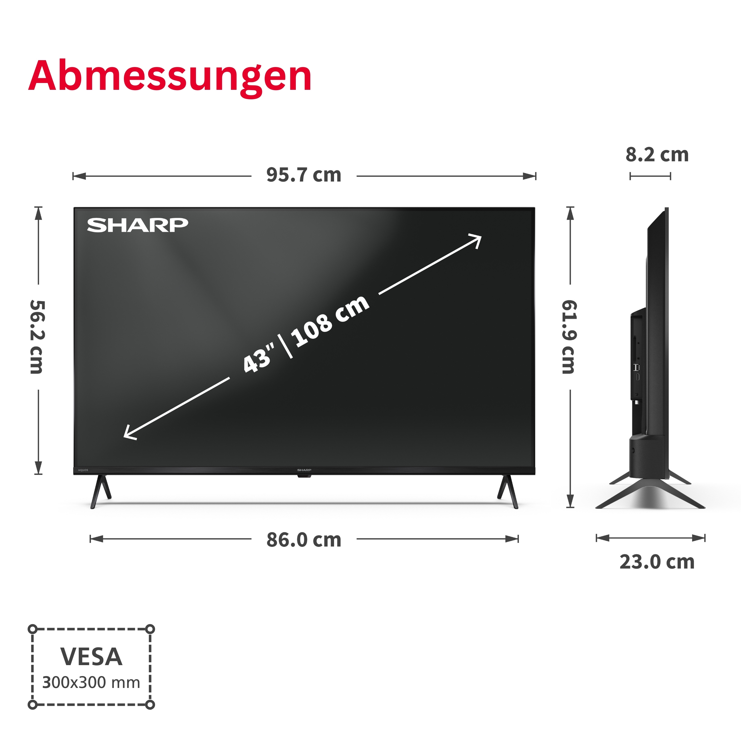 Abmessungen eines 43-Zoll-Fernsehers: Breite 95,7cm, Höhe 56,2cm, Tiefe 8,2cm.