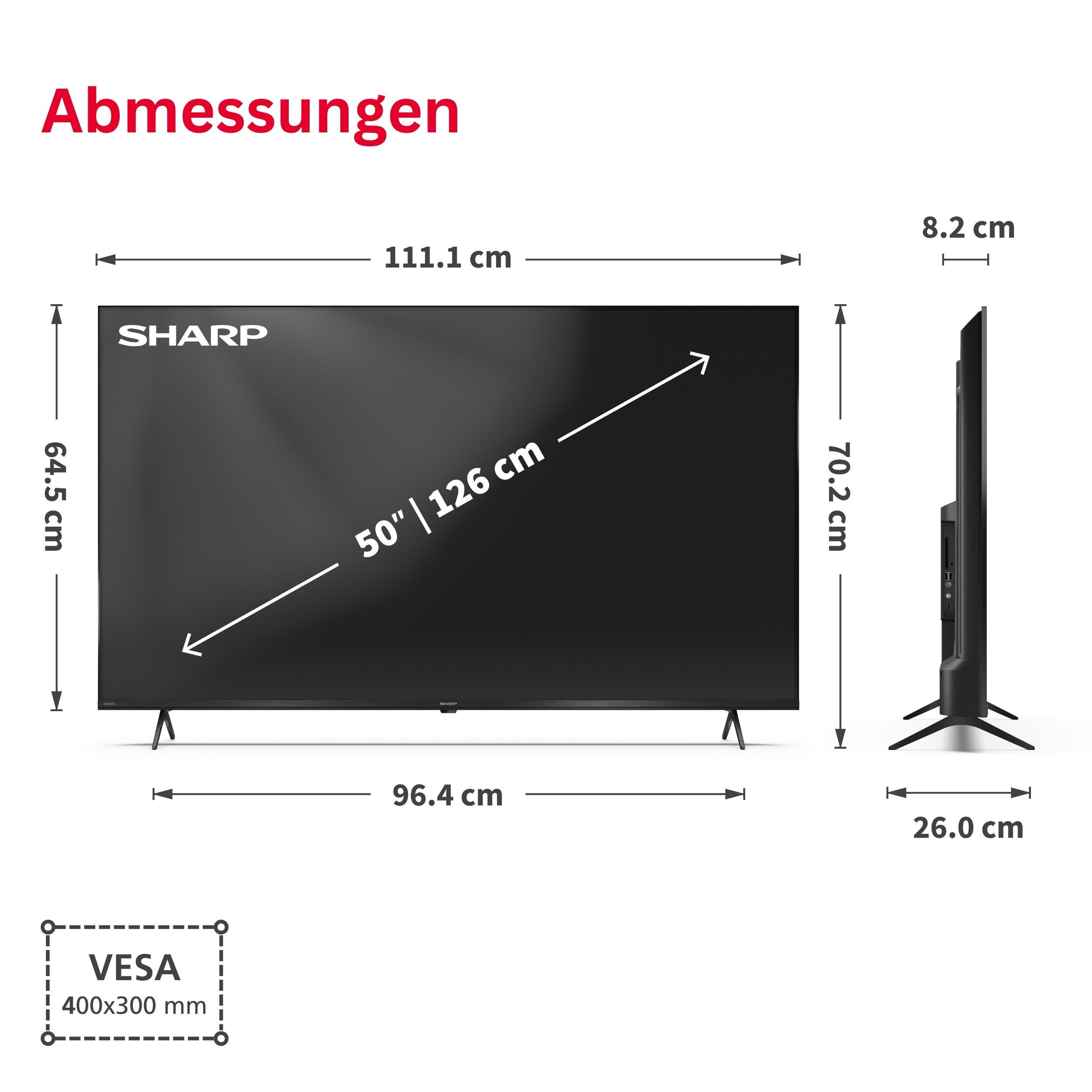 Abmessungen eines 50-Zoll-Fernsehers von Sharp: 111,1 cm Breite, 64,5 cm Höhe.