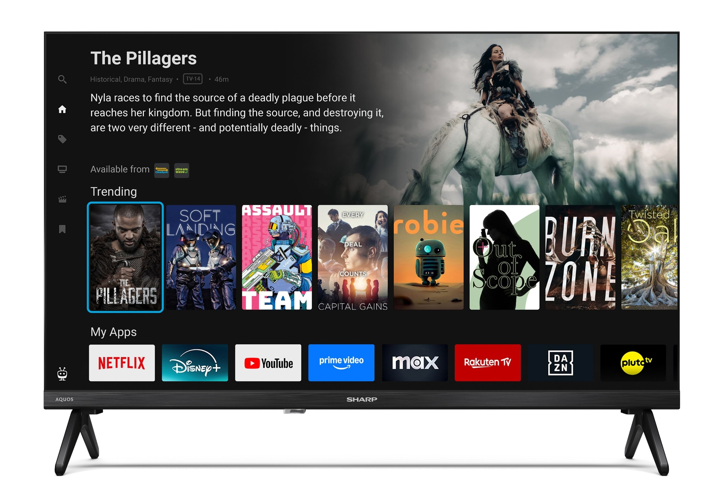 TV-Oberfläche mit Filmtrailern und Apps wie Netflix und YouTube.