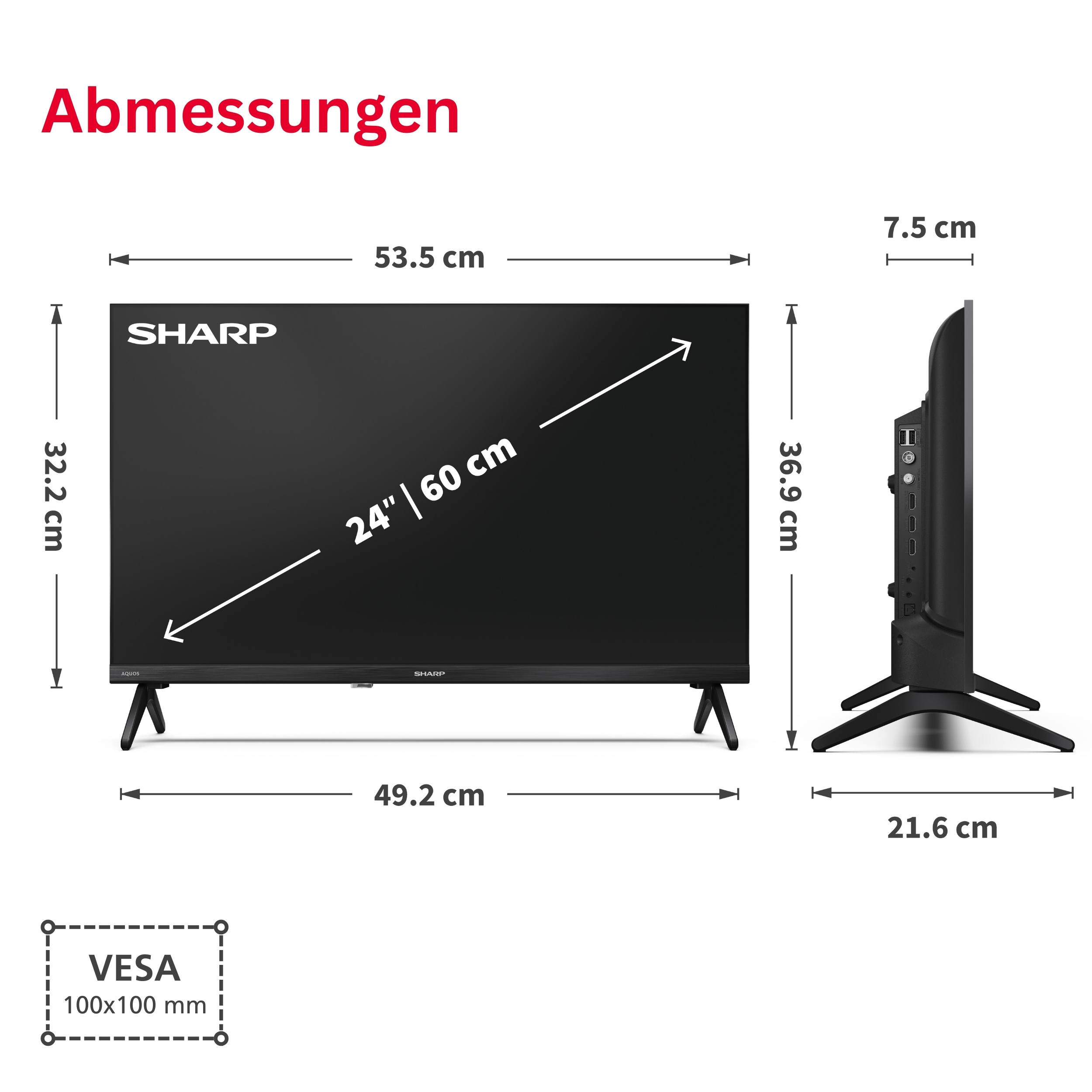 Abmessungen eines 24-Zoll-Fernsehers: Breite 53,5 cm, Höhe 36,9 cm.