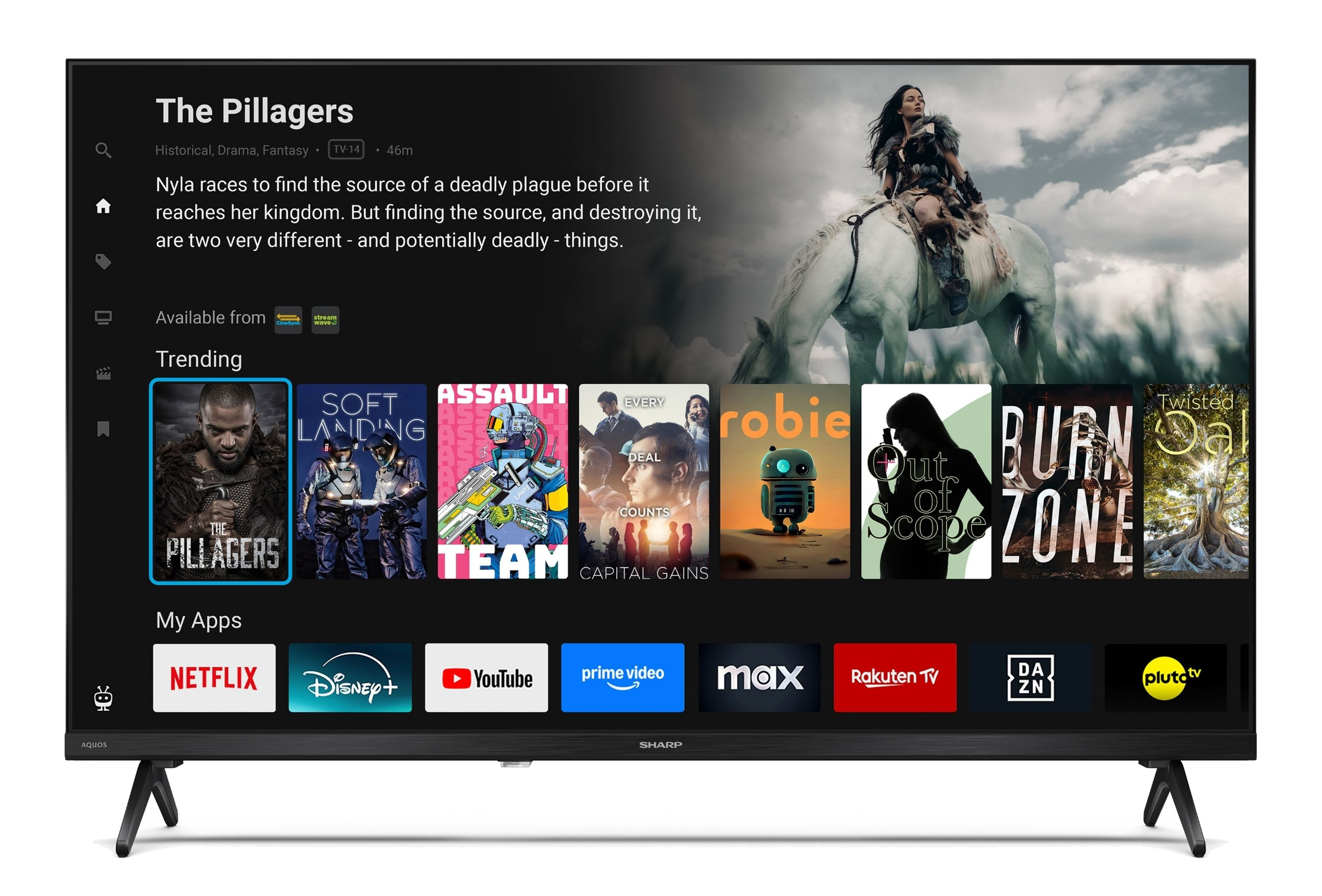 Ein Fernsehbildschirm zeigt die Benutzeroberfläche einer Streaming-App mit Filmtrailern und Apps.