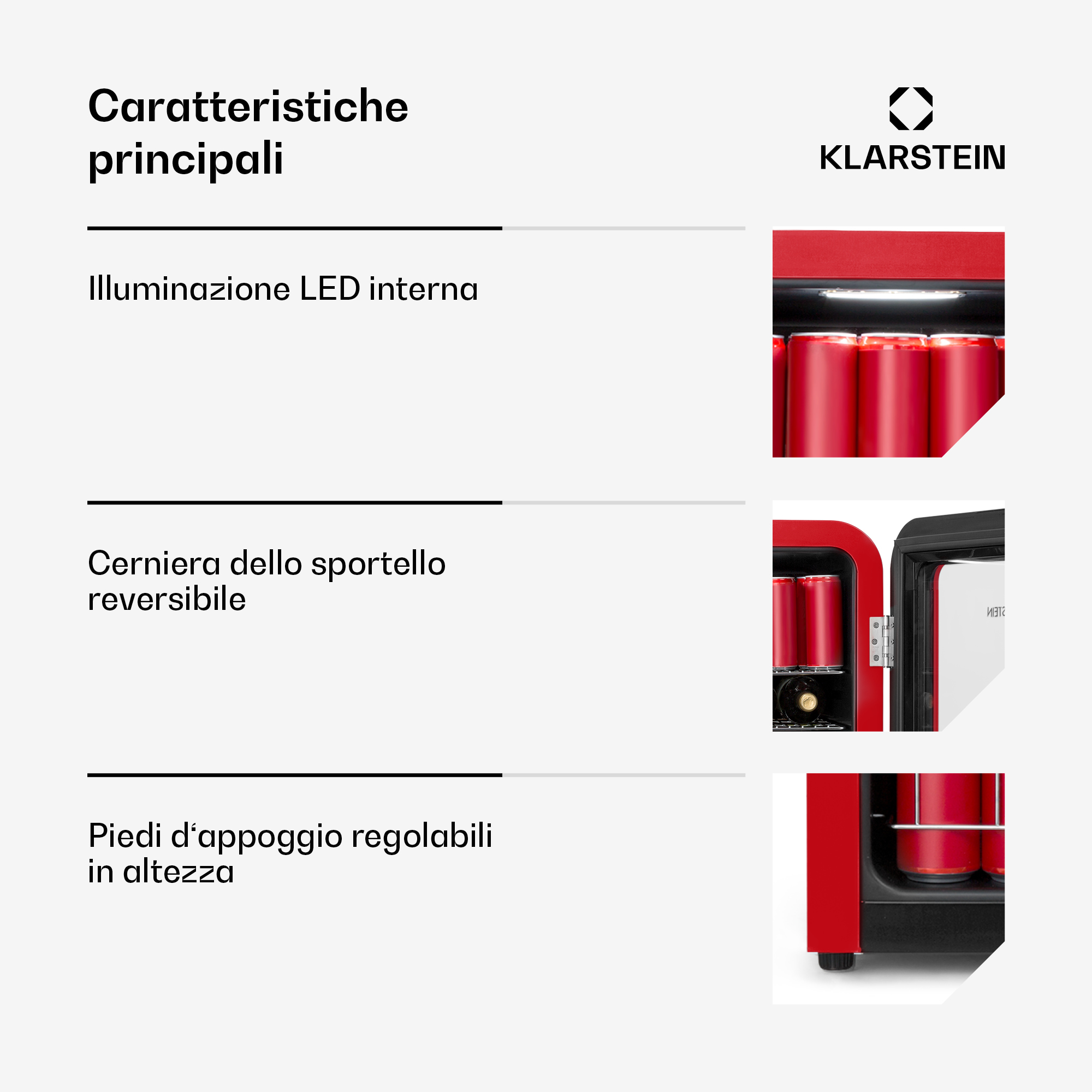 Mininevera roja con luz LED, puerta reversible y patas ajustables.