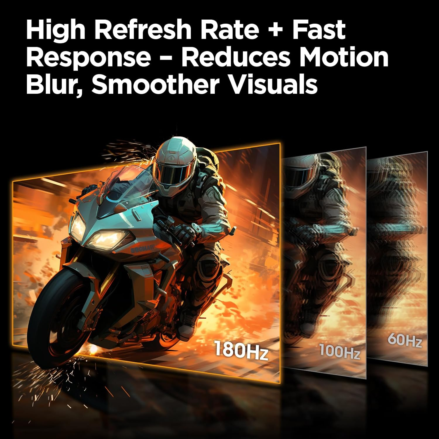 Motociclista en movimiento, mostrando tasas de refresco de 180Hz, 100Hz y 60Hz.