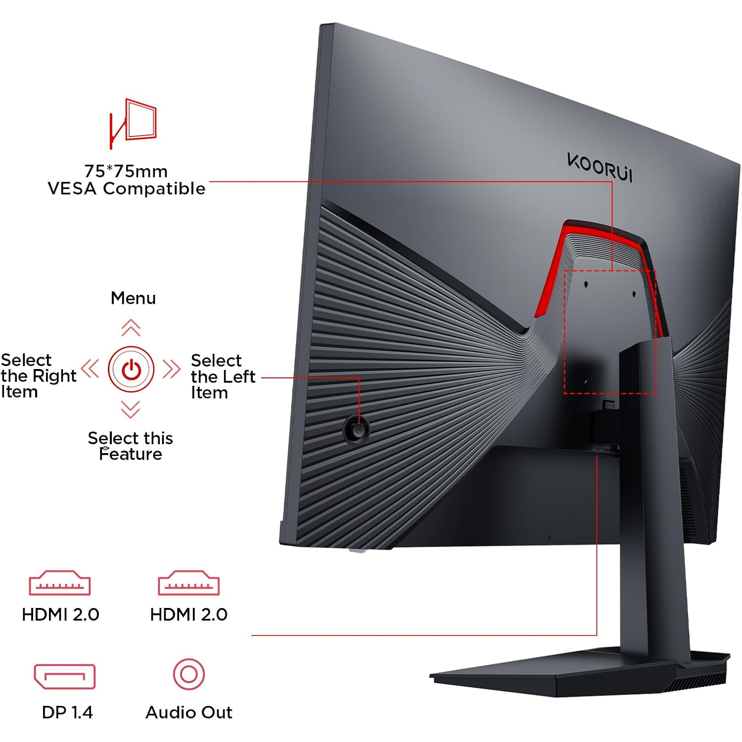 Vista trasera de un monitor negro con información de montaje VESA, puertos (HDMI, DP, Salida de Audio) y botones de navegación.