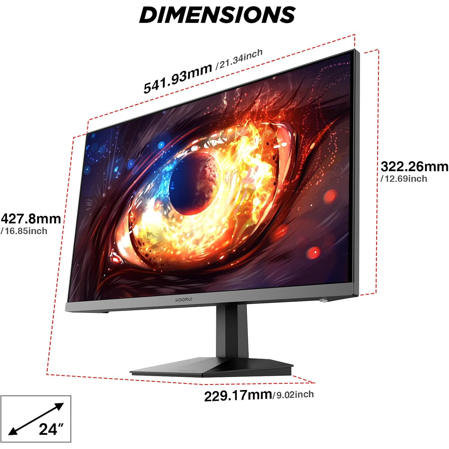 Monitor con dimensiones mostradas: 21,34" An, 16,85" Al, 9,02" Pr. Con fondo de ojo ardiente.