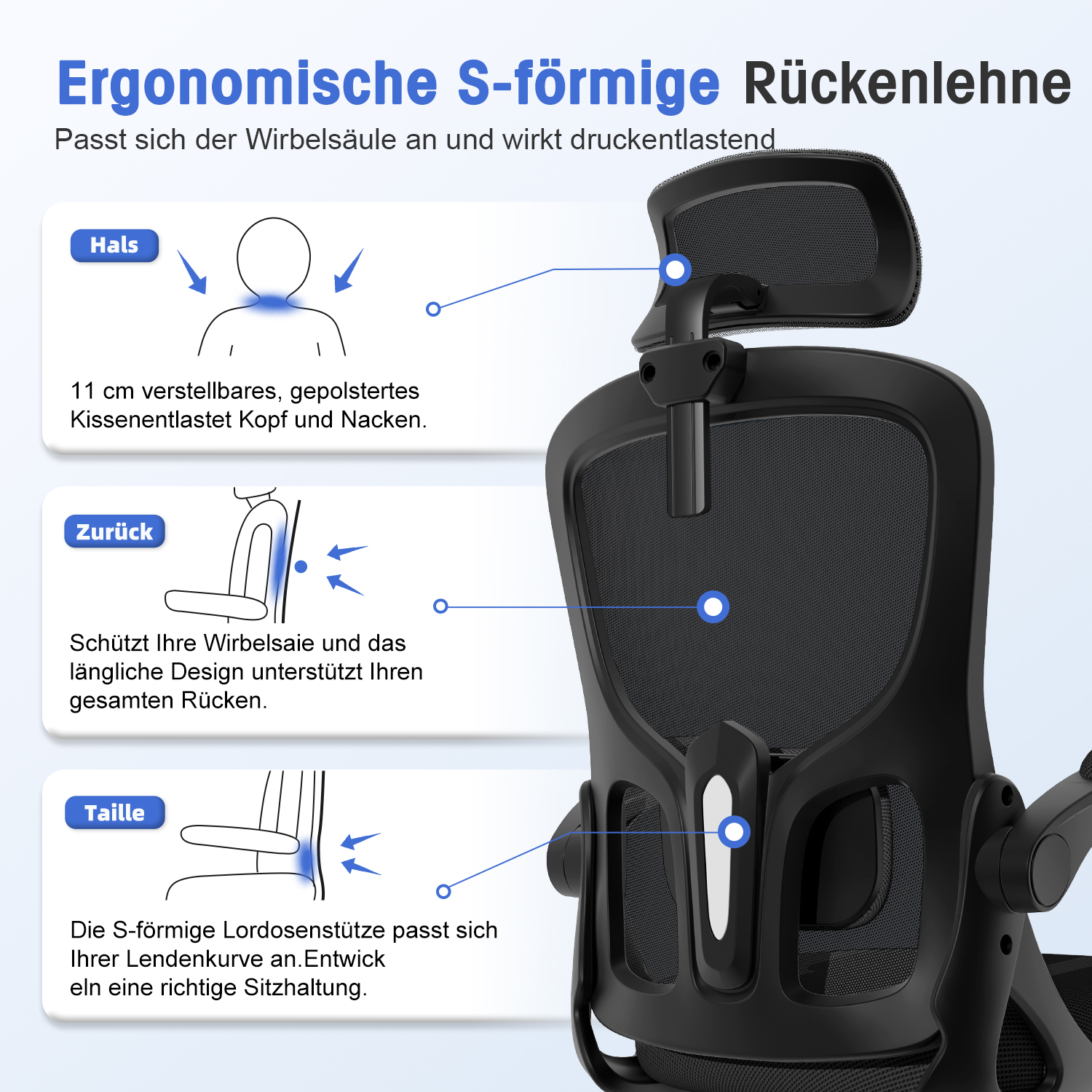 Ergonomische S-Rückenlehne mit Kopf-, Nacken-, und Lendenwirbelstütze.