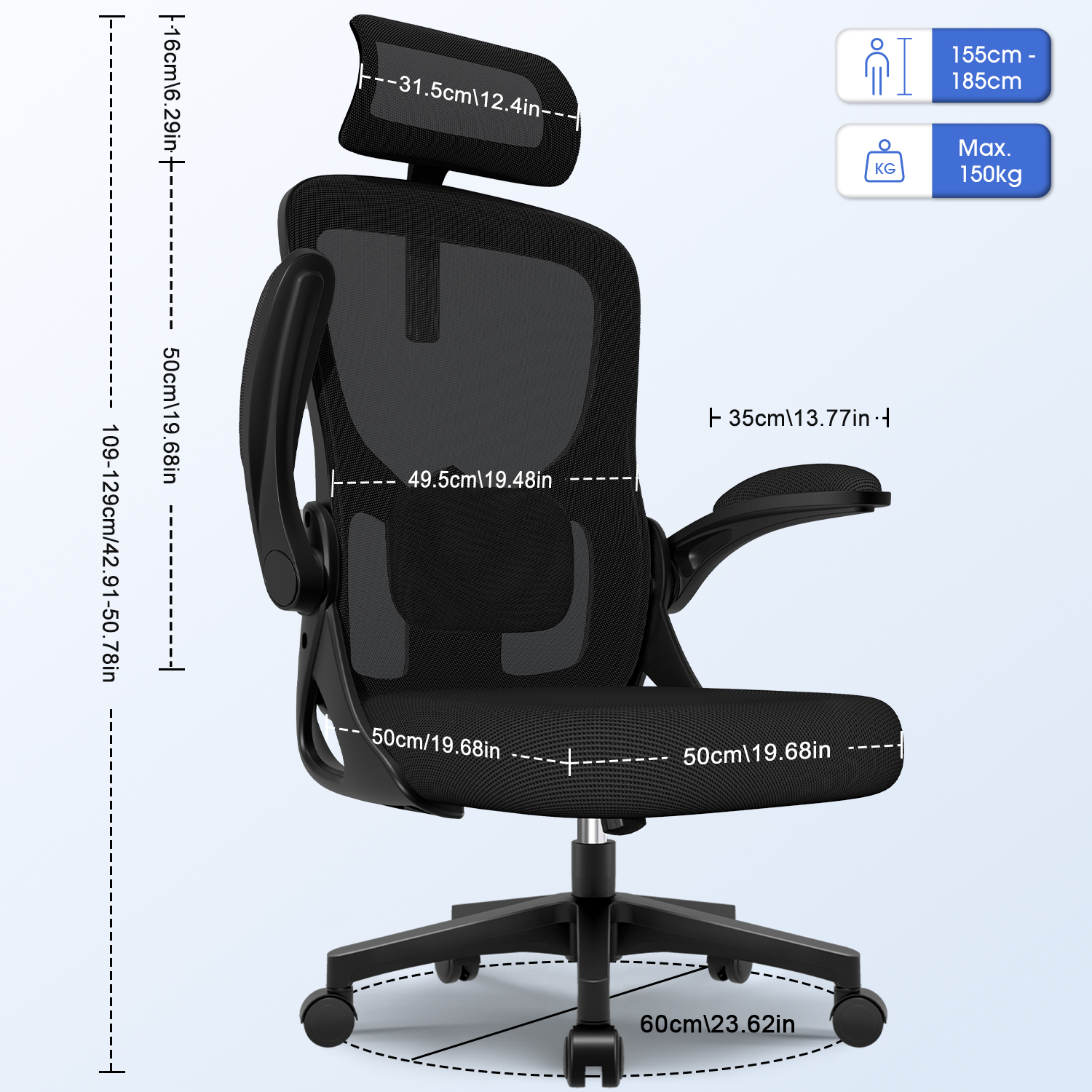 Schwarzer ergonomischer Bürostuhl mit verstellbarer Höhe, Kopfstütze und Armlehnen. Maße sind angegeben.