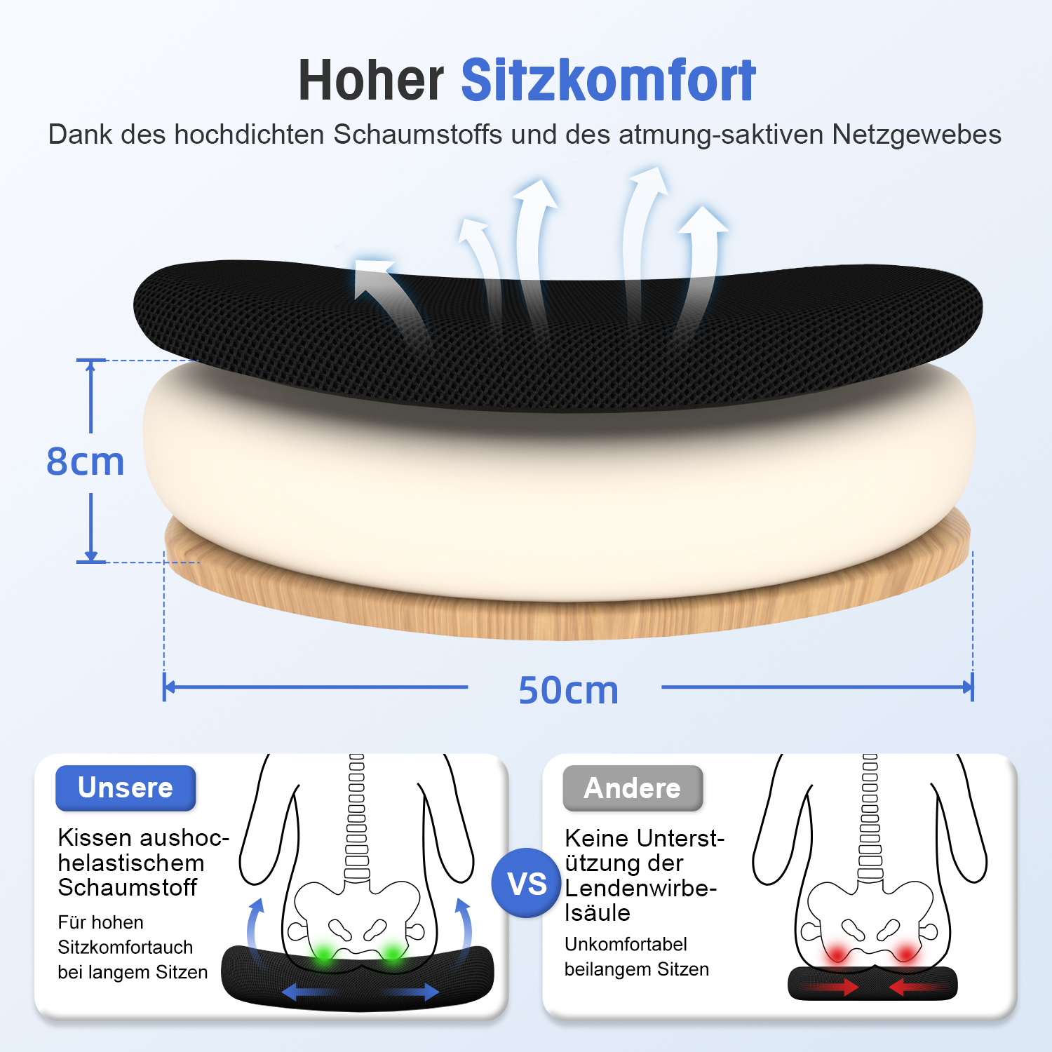 Ein Sitzkissen mit 8 cm Dicke und 50 cm Breite, das Komfort und Unterstützung bietet.