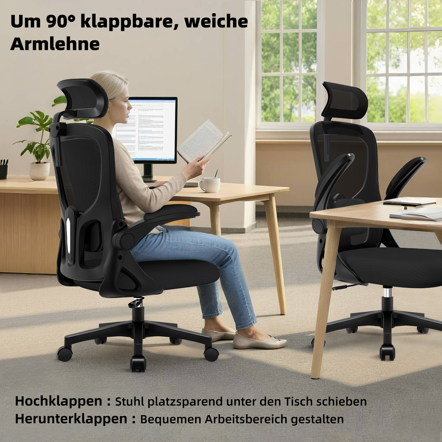 Frau sitzt am Schreibtisch in einem schwarzen Bürostuhl mit umklappbaren Armlehnen.