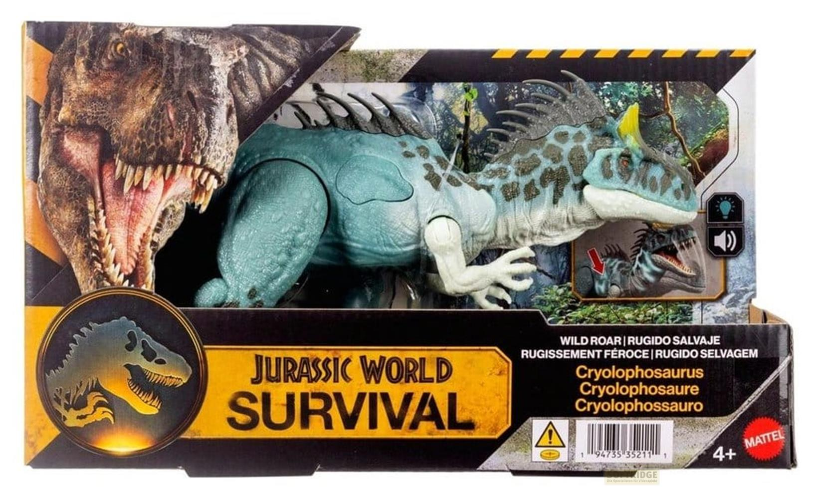 Embalaje muestra T-Rex y Cryolophosaurus azul, Jurassic World Survival.