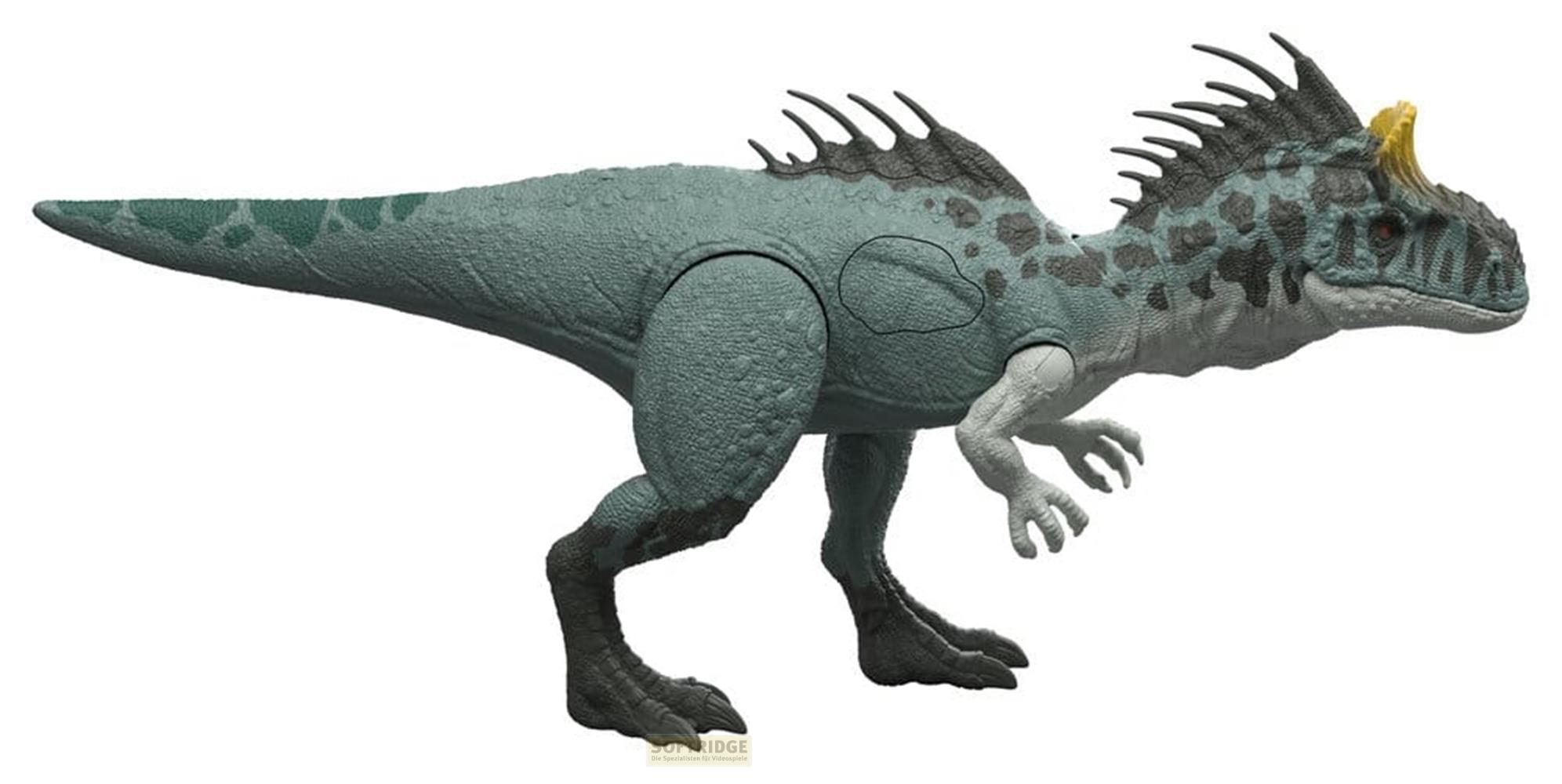 Un dinosaurio azul con manchas oscuras y picos en la espalda.