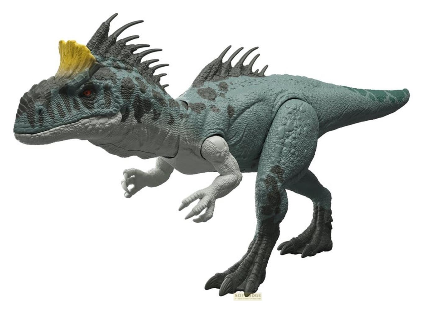 Figura de dinosaurio azul claro con cresta amarilla y manchas oscuras.